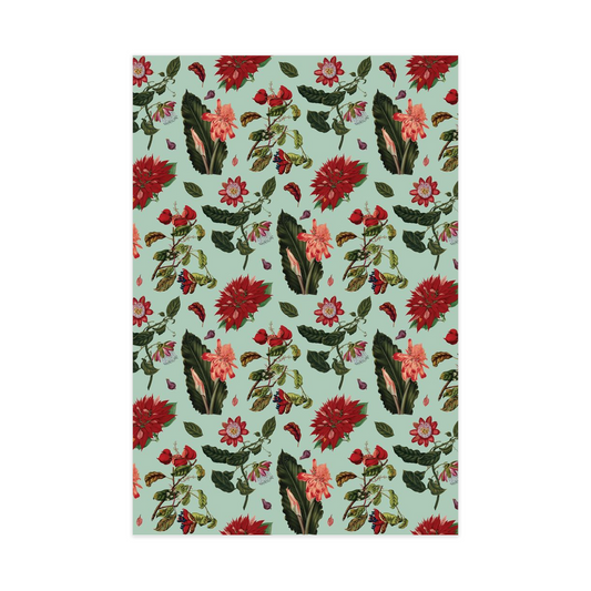 Vintage Poinsettia Wrapping Paper, mint & red