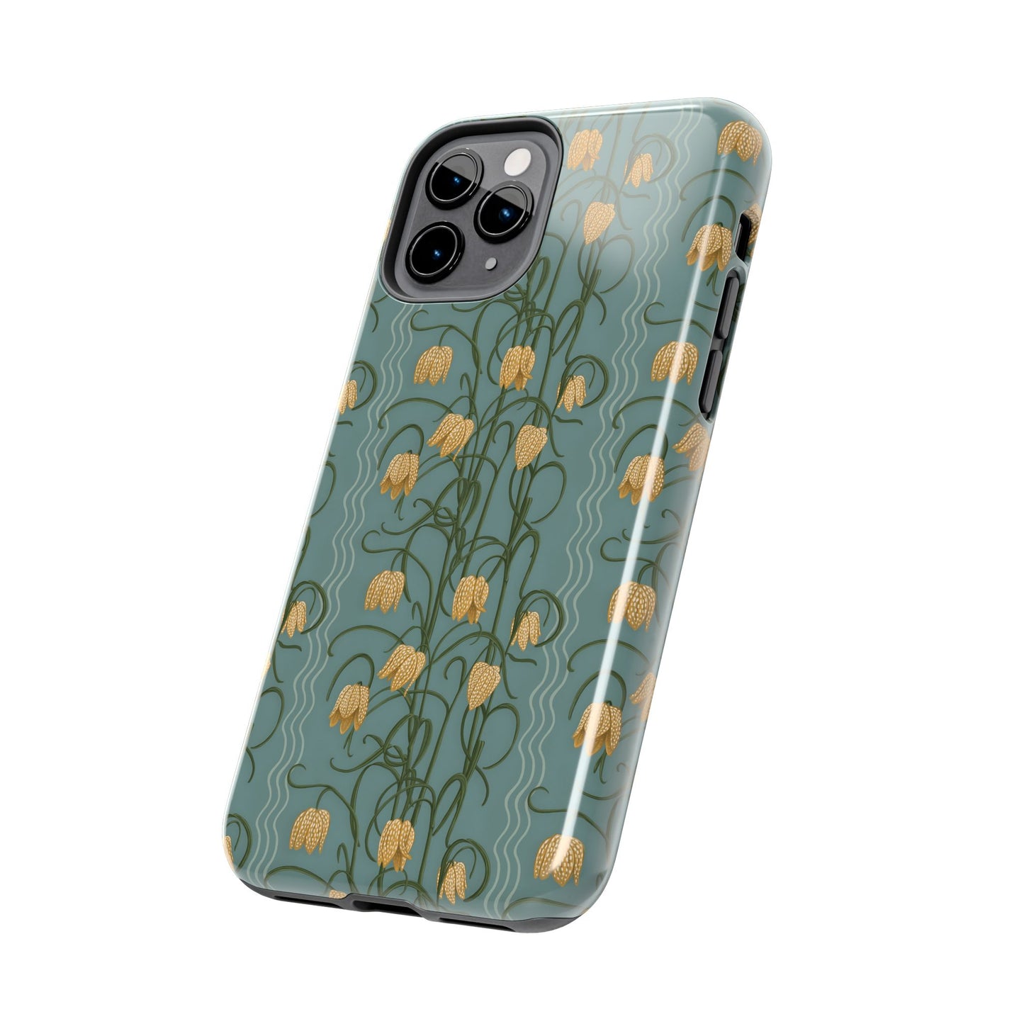 Campanas Floral Tough Phone Case — Dusty Blue and Marigold Wildflower Protective Cover, Personalizable