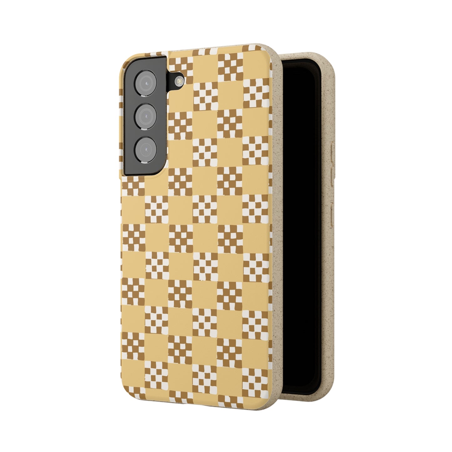 Checkered Quilt Biodegradable Phone Case, butter yellow, white and toffee