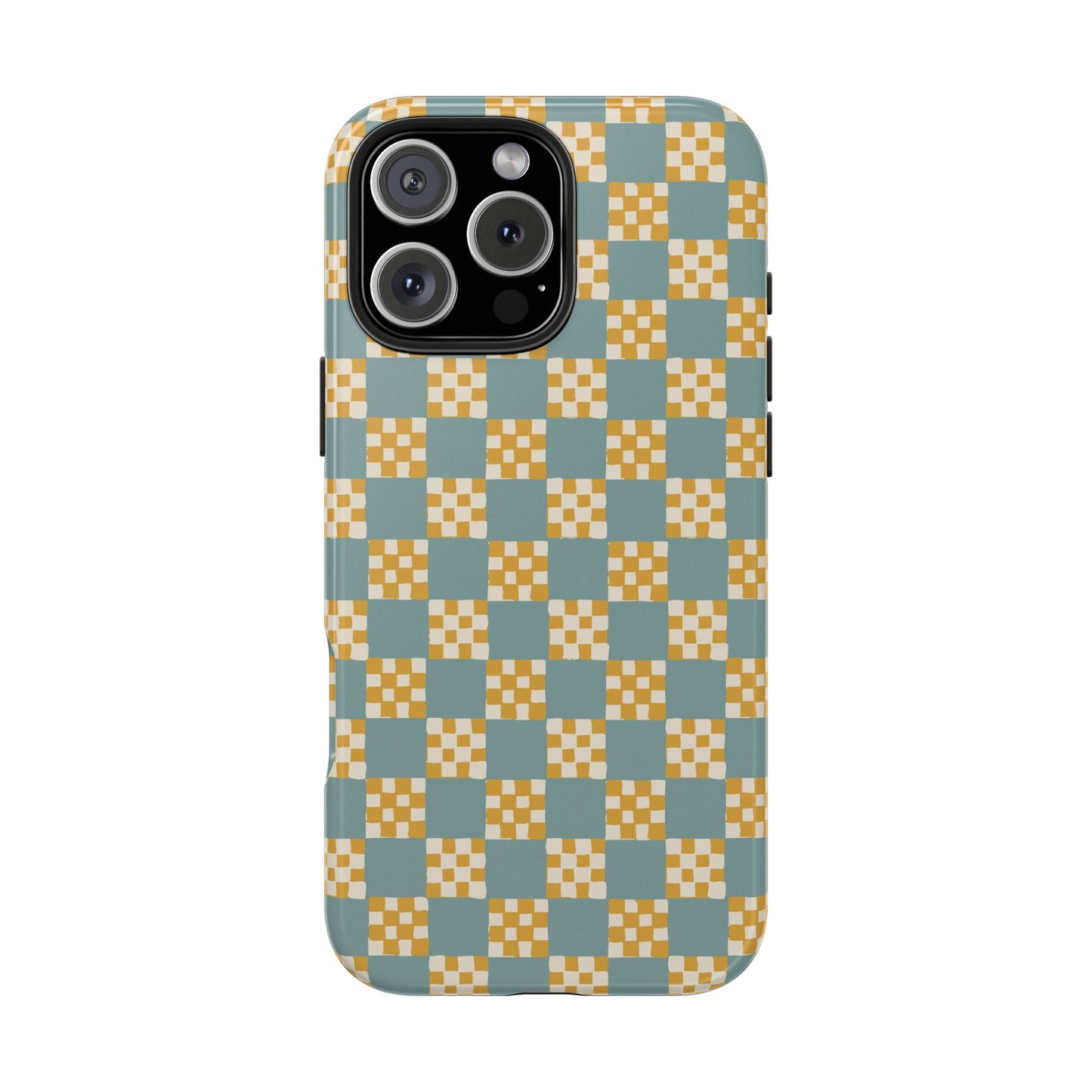 Checker Quilt Tough Phone Case — Retro Light Blue and Yellow Pattern, Protective iPhone Cover, Personalizable