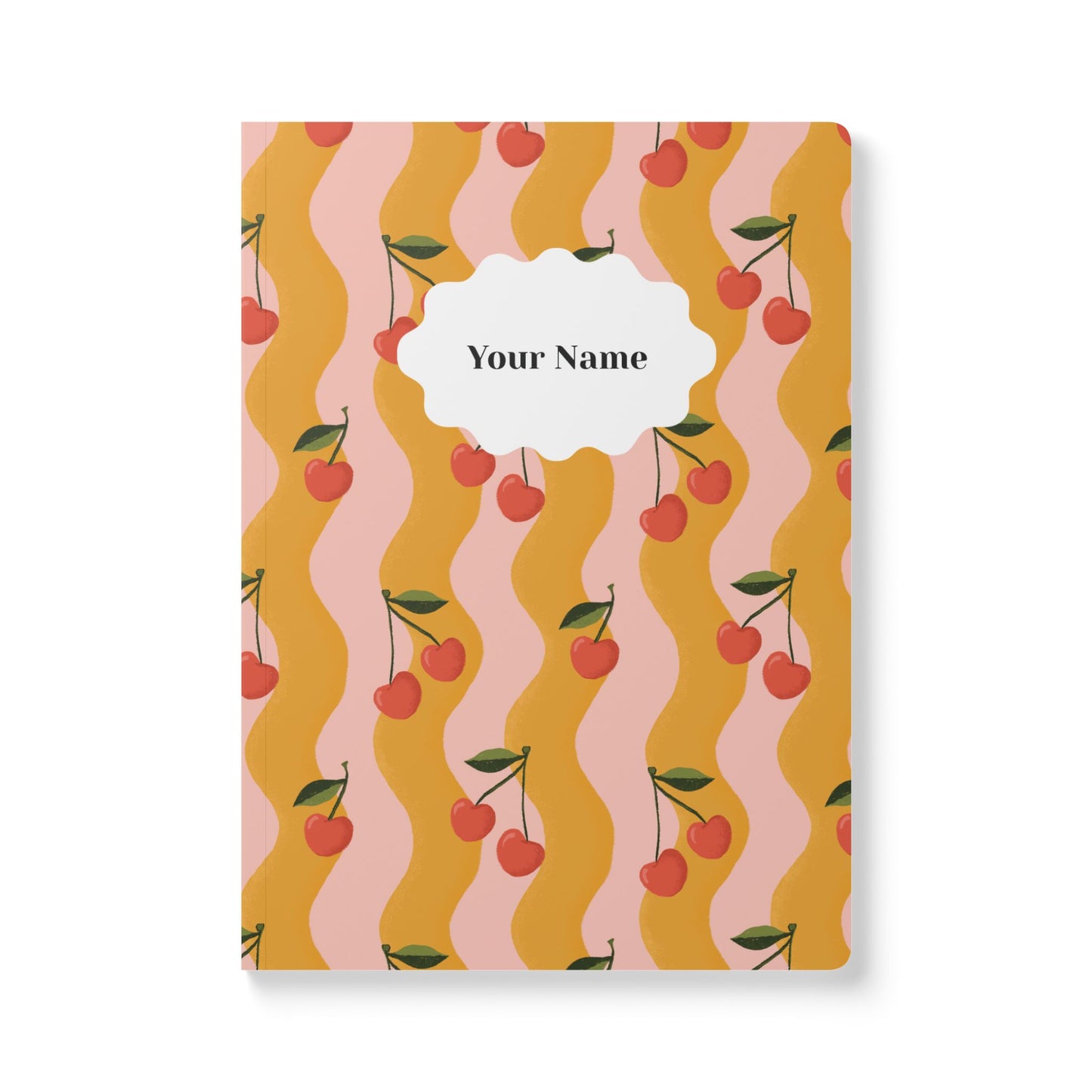 Wavy Cherry Softcover Personalized Journal, pink & yellow (add your name)