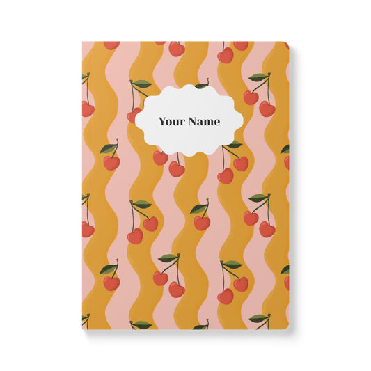 Wavy Cherry Softcover Personalized Journal, pink & yellow (add your name)