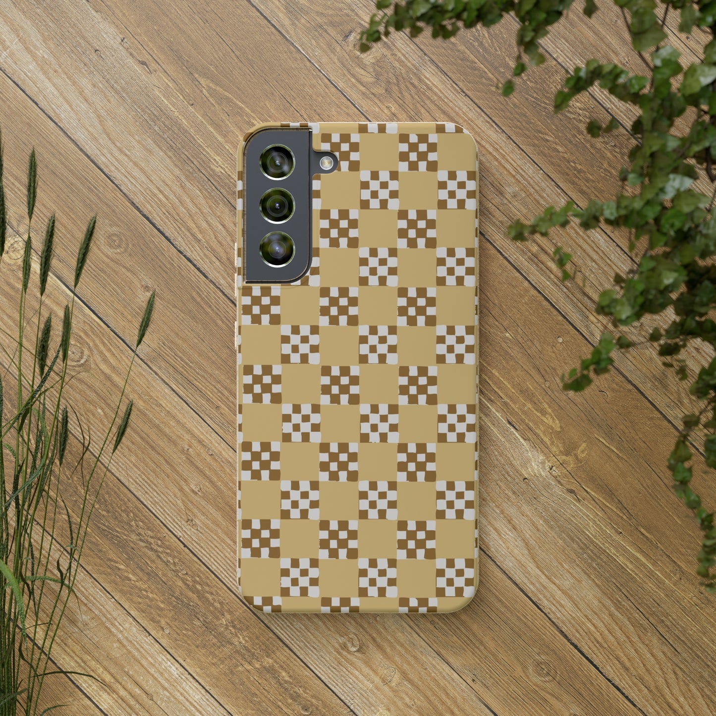 Checkered Quilt Biodegradable Phone Case, butter yellow, white and toffee