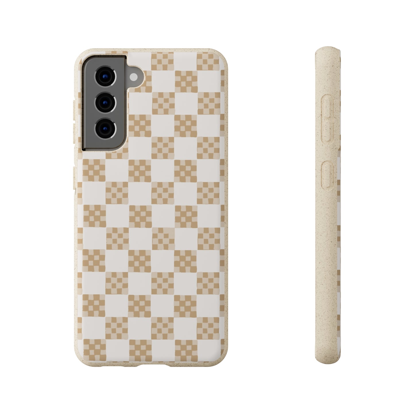 Checkered Quilt Biodegradable Phone Case, tan and white