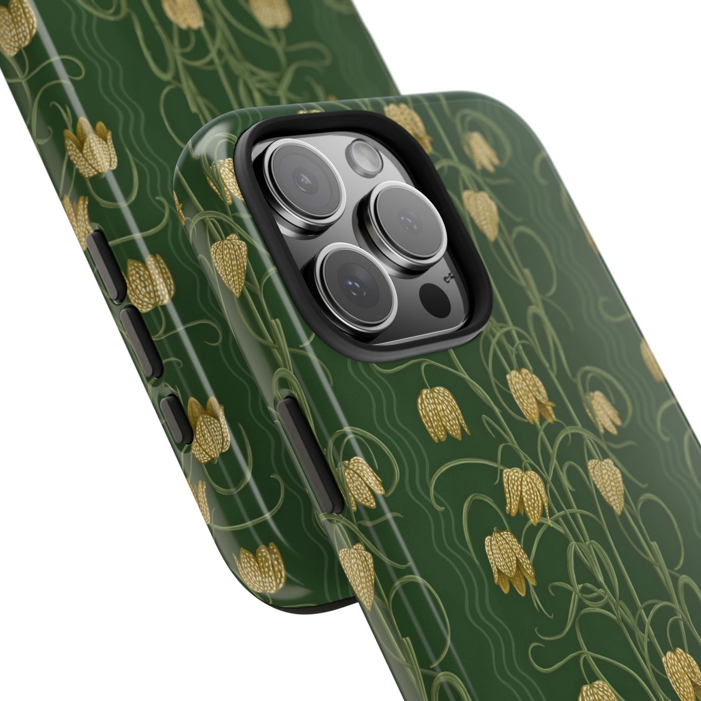 Campanas Floral Tough Phone Case — Dark Green and Ocher Wildflower Protective Cover, Personalizable