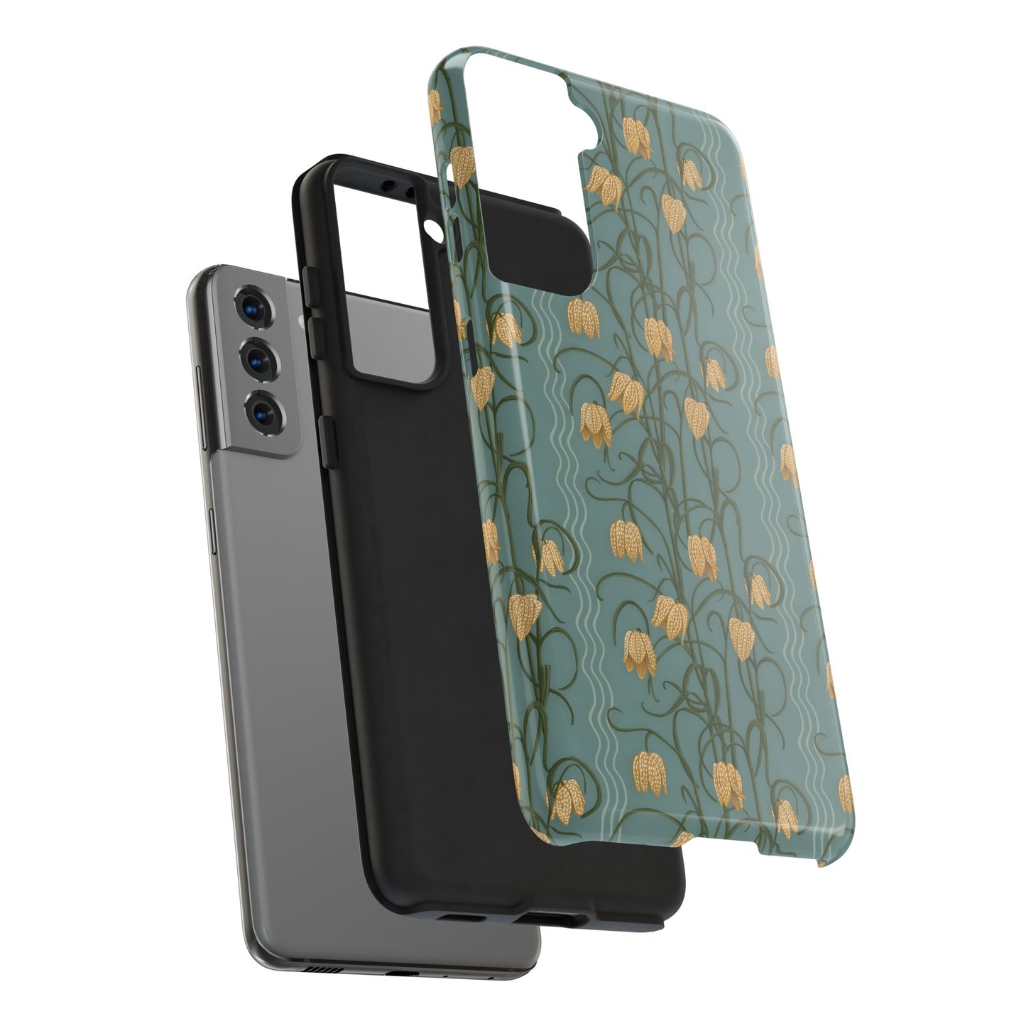 Campanas Floral Tough Phone Case — Dusty Blue and Marigold Wildflower Protective Cover, Personalizable