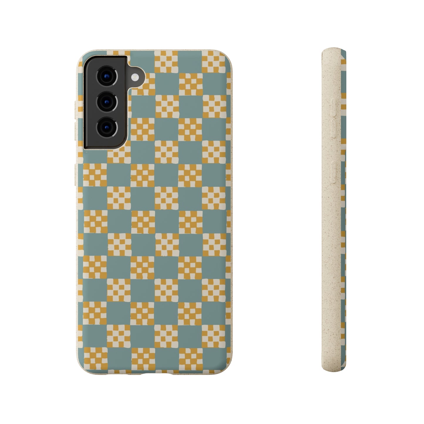 Checkered Quilt Biodegradable Phone Case, light blue and yellow