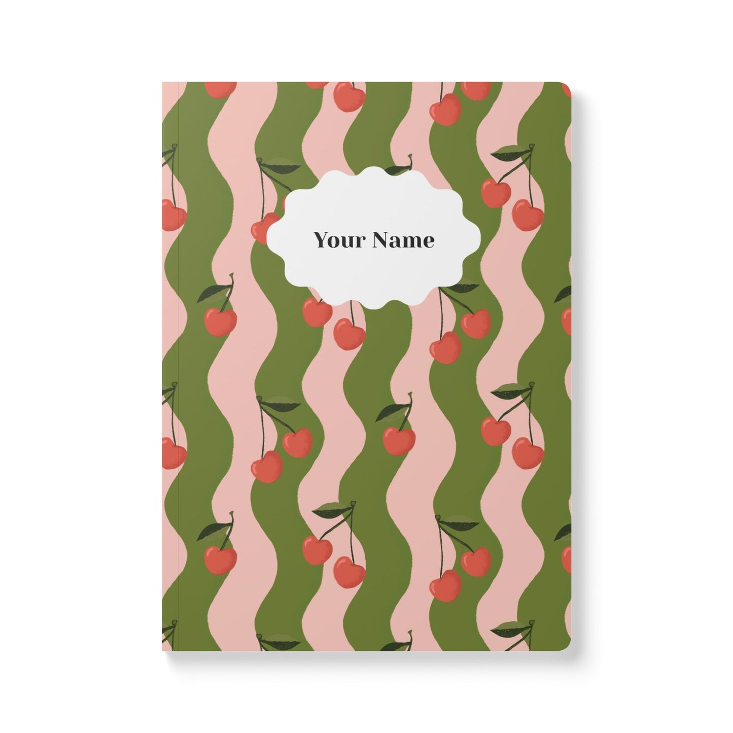 Wavy Cherry Softcover Personalized Journal, pink & olive green (add your name)