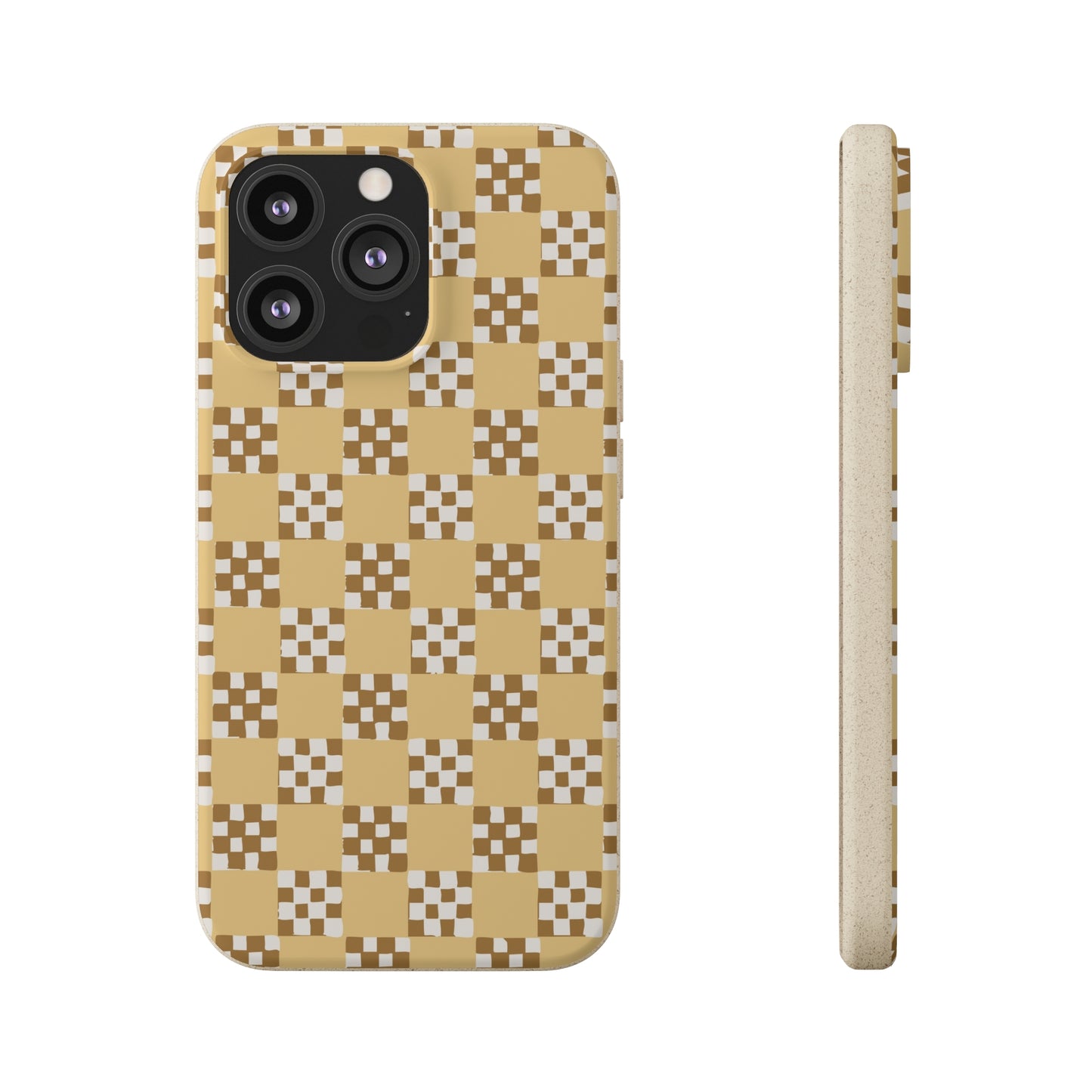 Checkered Quilt Biodegradable Phone Case, butter yellow, white and toffee