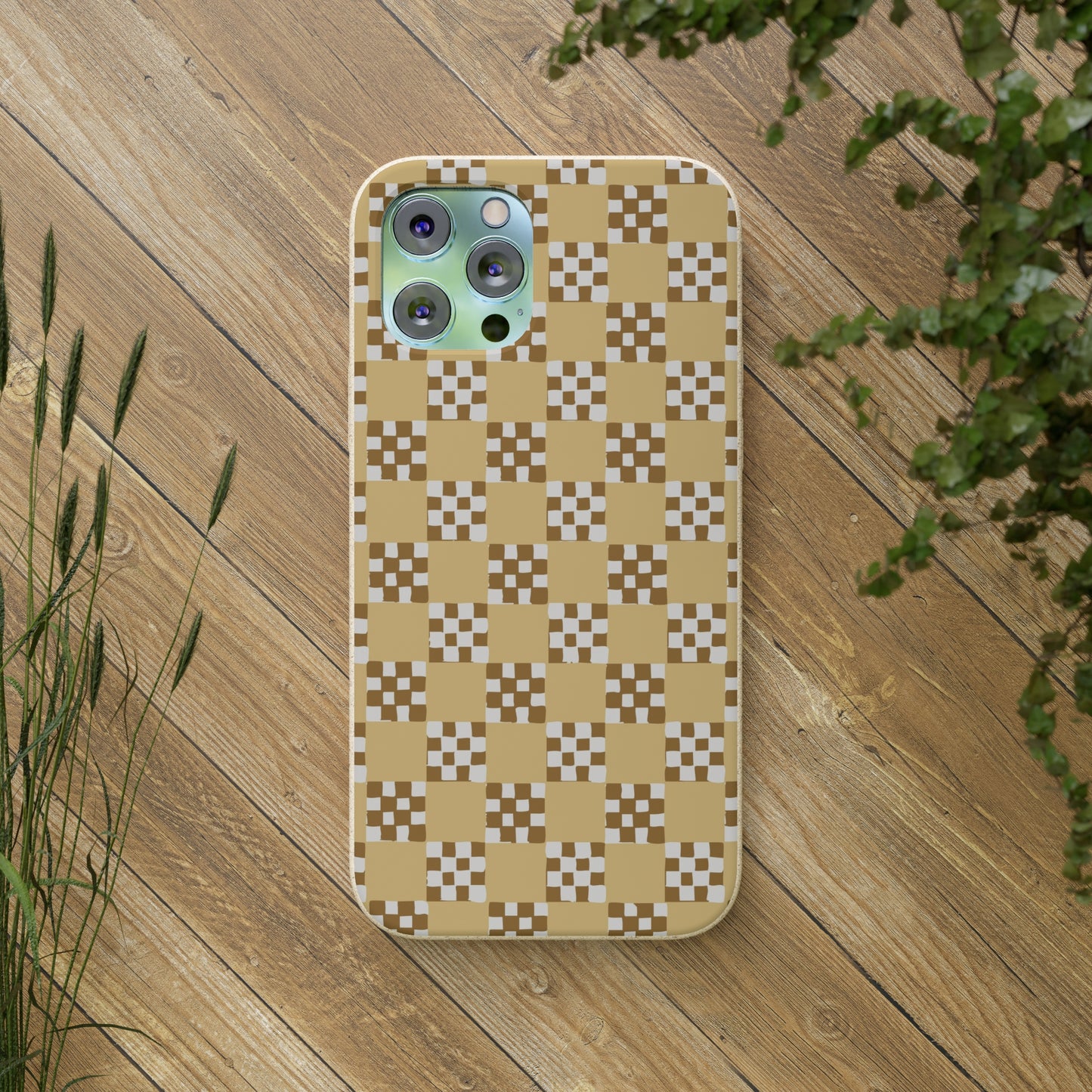 Checkered Quilt Biodegradable Phone Case, butter yellow, white and toffee