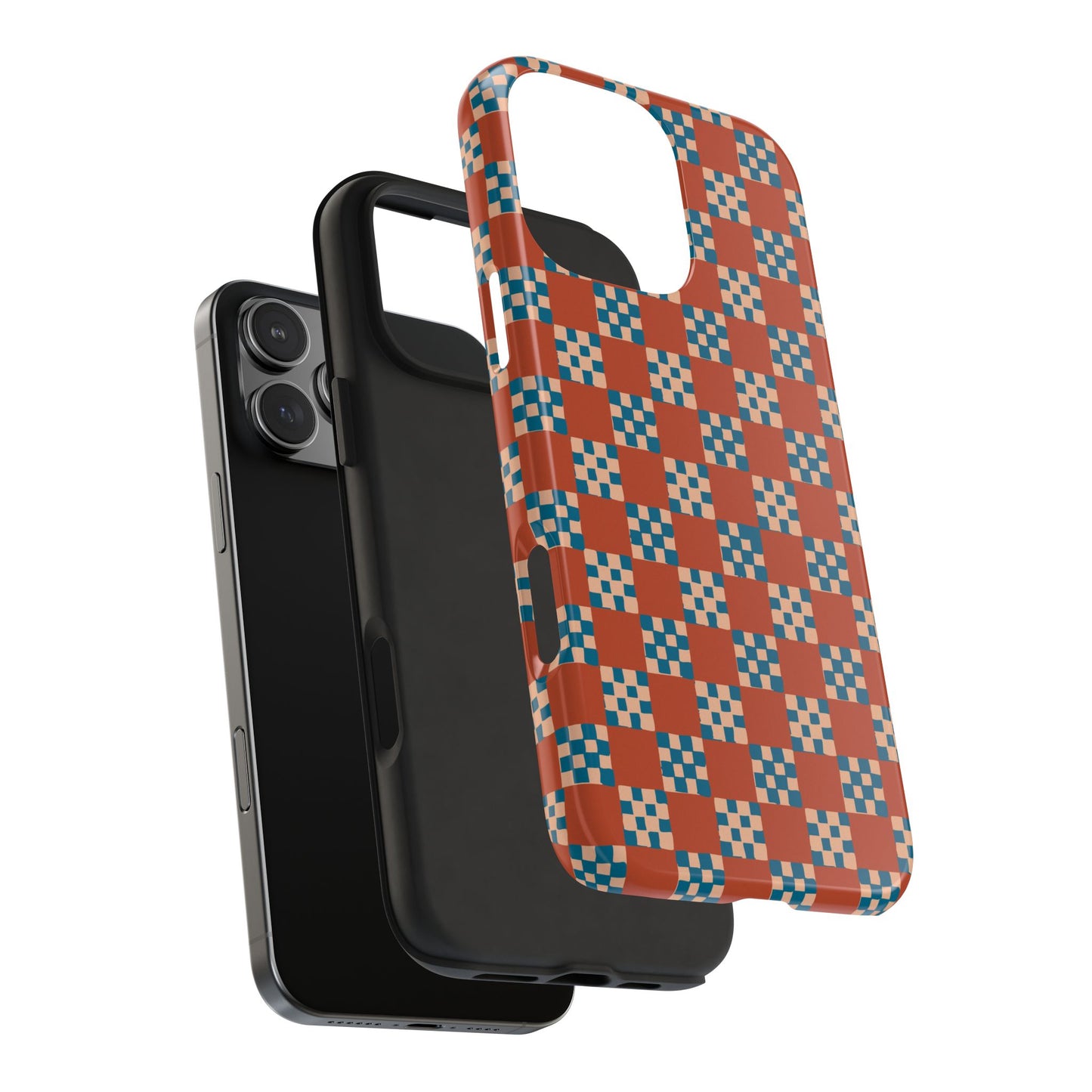 Checker Quilt Tough Phone Case — Retro Rust and Blue Pattern, Protective iPhone Cover, Personalizable