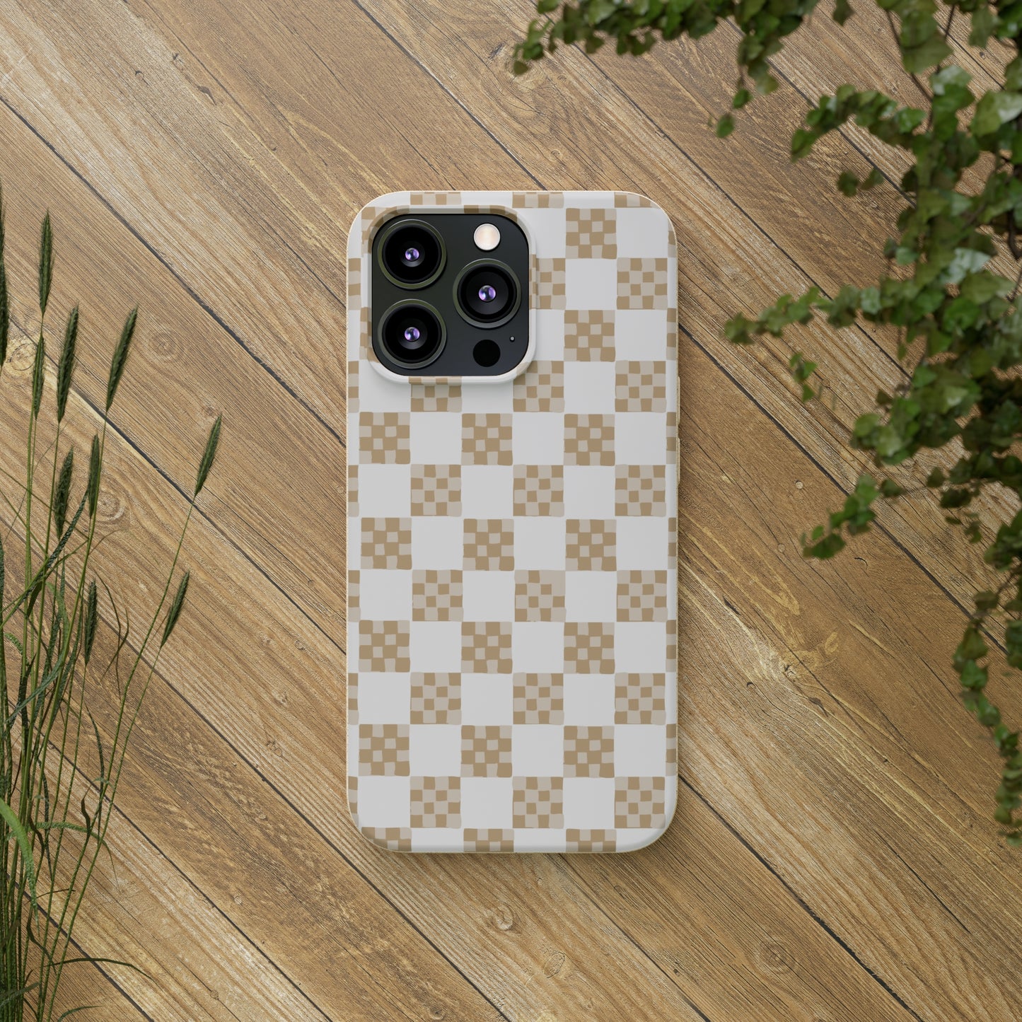 Checkered Quilt Biodegradable Phone Case, tan and white