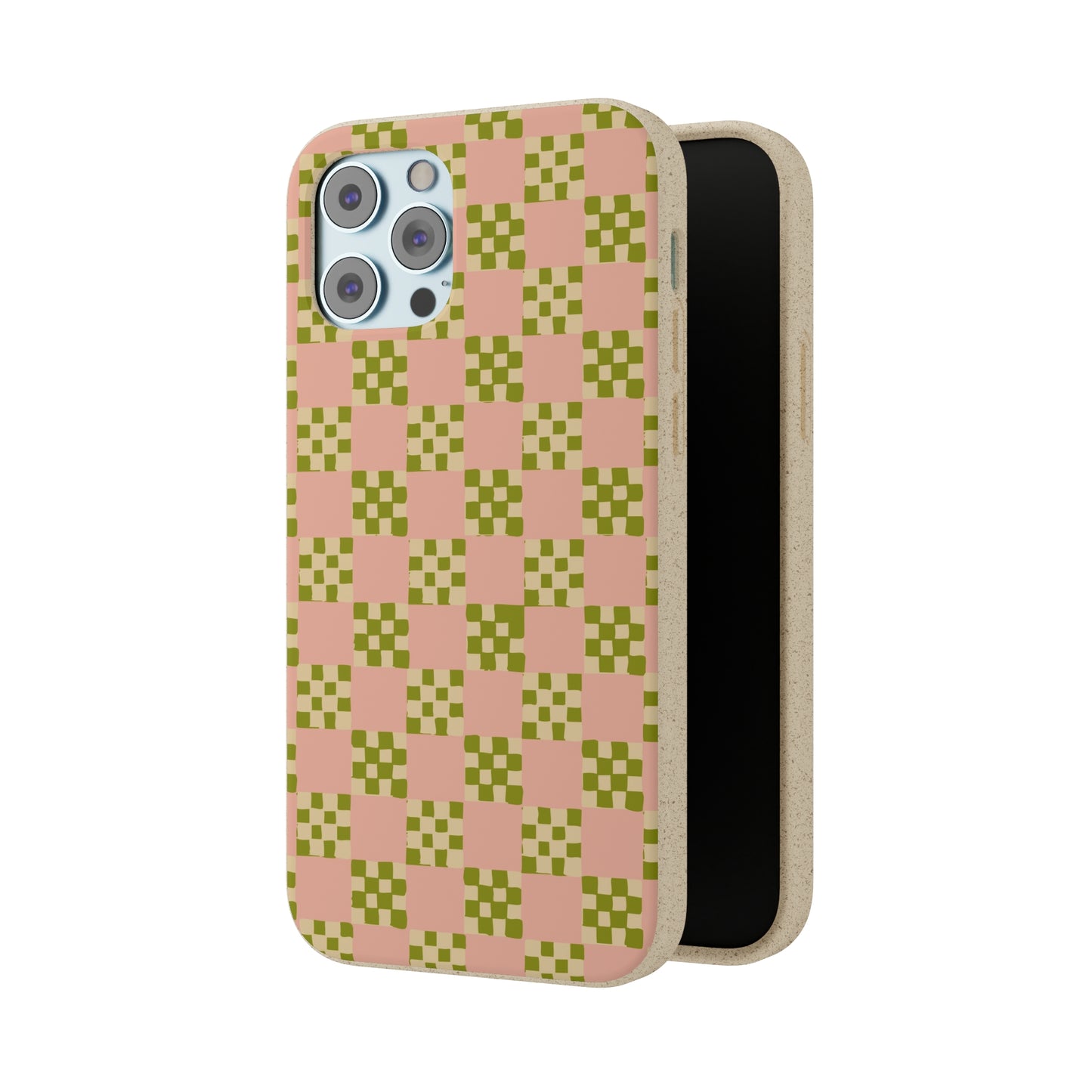 Checkered Quilt Biodegradable Phone Case, pink, olive green and light yellow