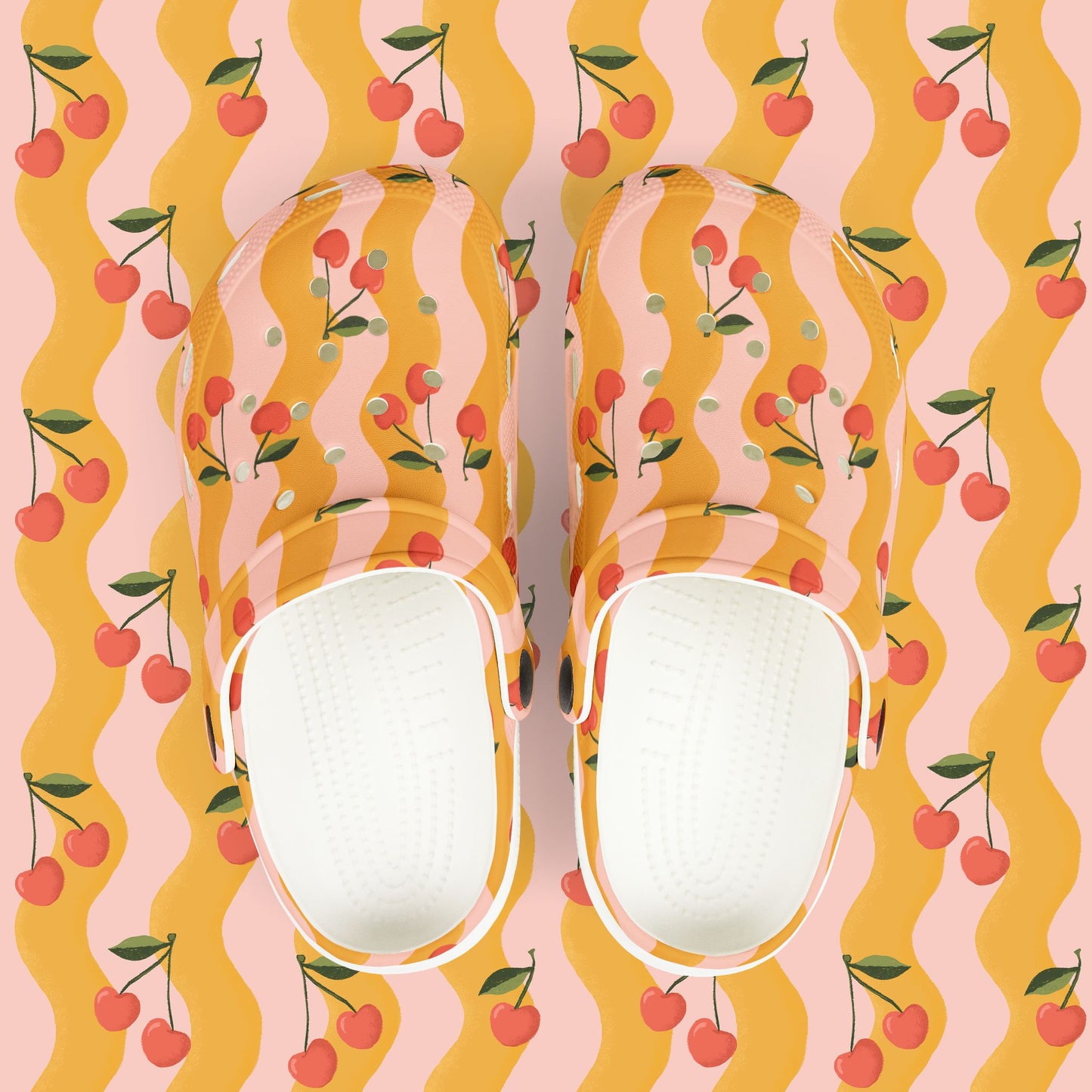 Wavy Cherry Kid's EVA Foam Clogs — Pink & Yellow Patterned Slip-Ons