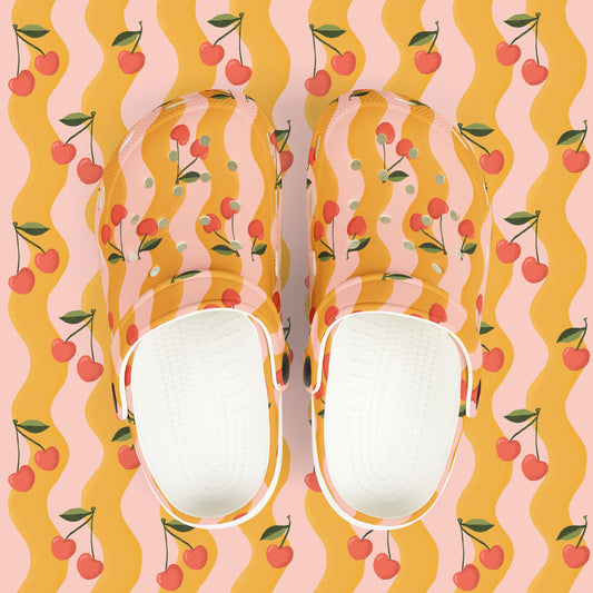 Wavy Cherry Kid's EVA Foam Clogs — Pink & Yellow Patterned Slip-Ons