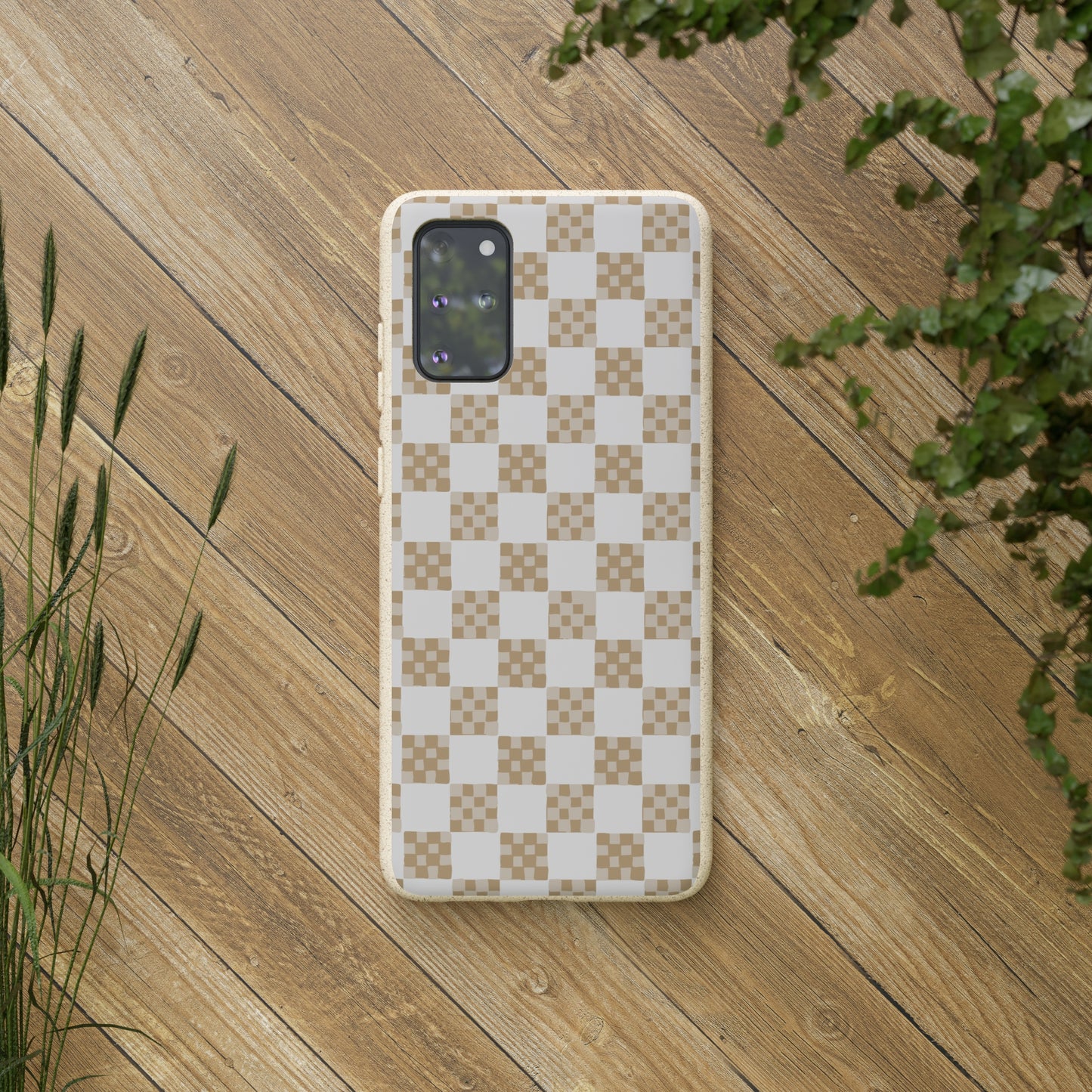 Checkered Quilt Biodegradable Phone Case, tan and white