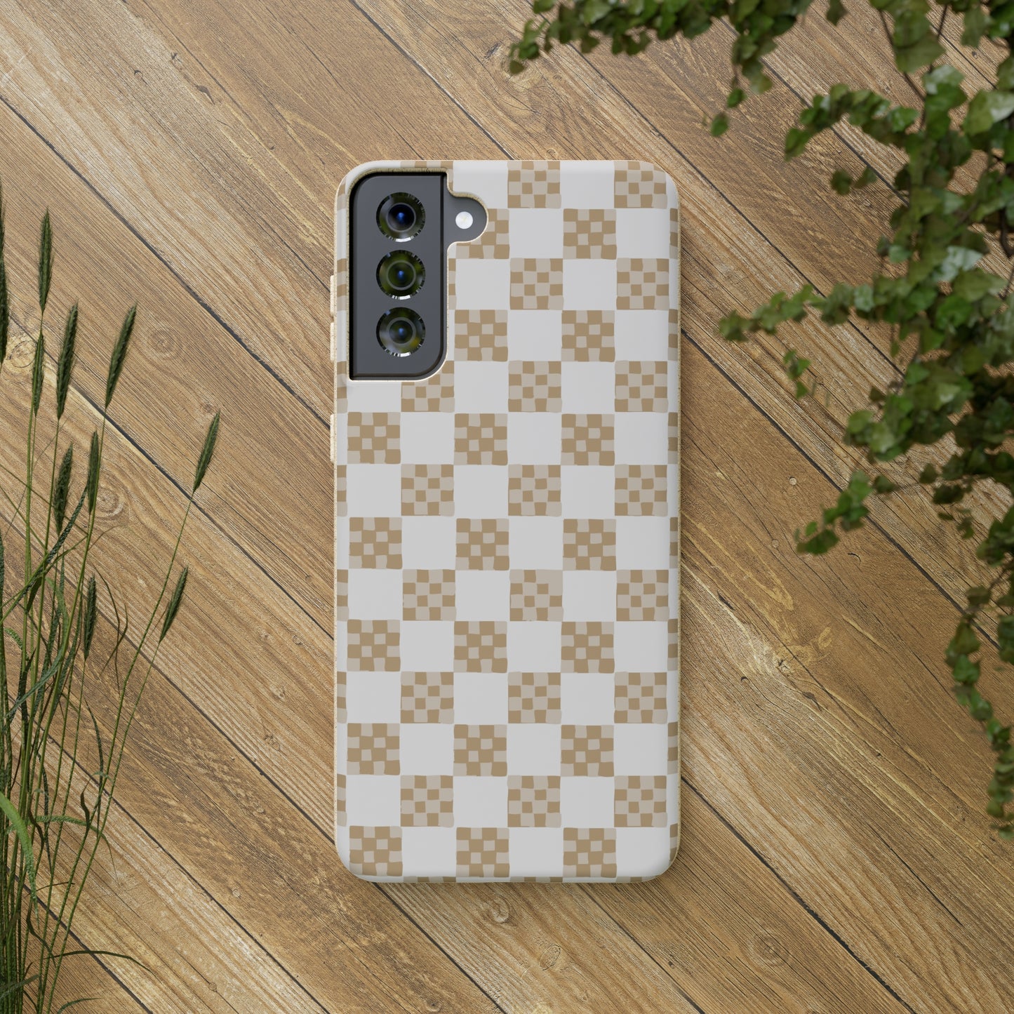 Checkered Quilt Biodegradable Phone Case, tan and white