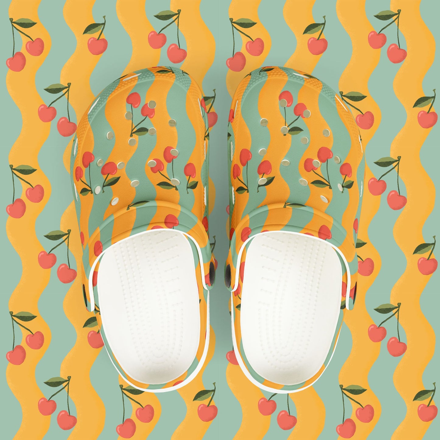 Wavy Cherry Kid's EVA Foam Clogs — Teal & Yellow Patterned Slip-Ons