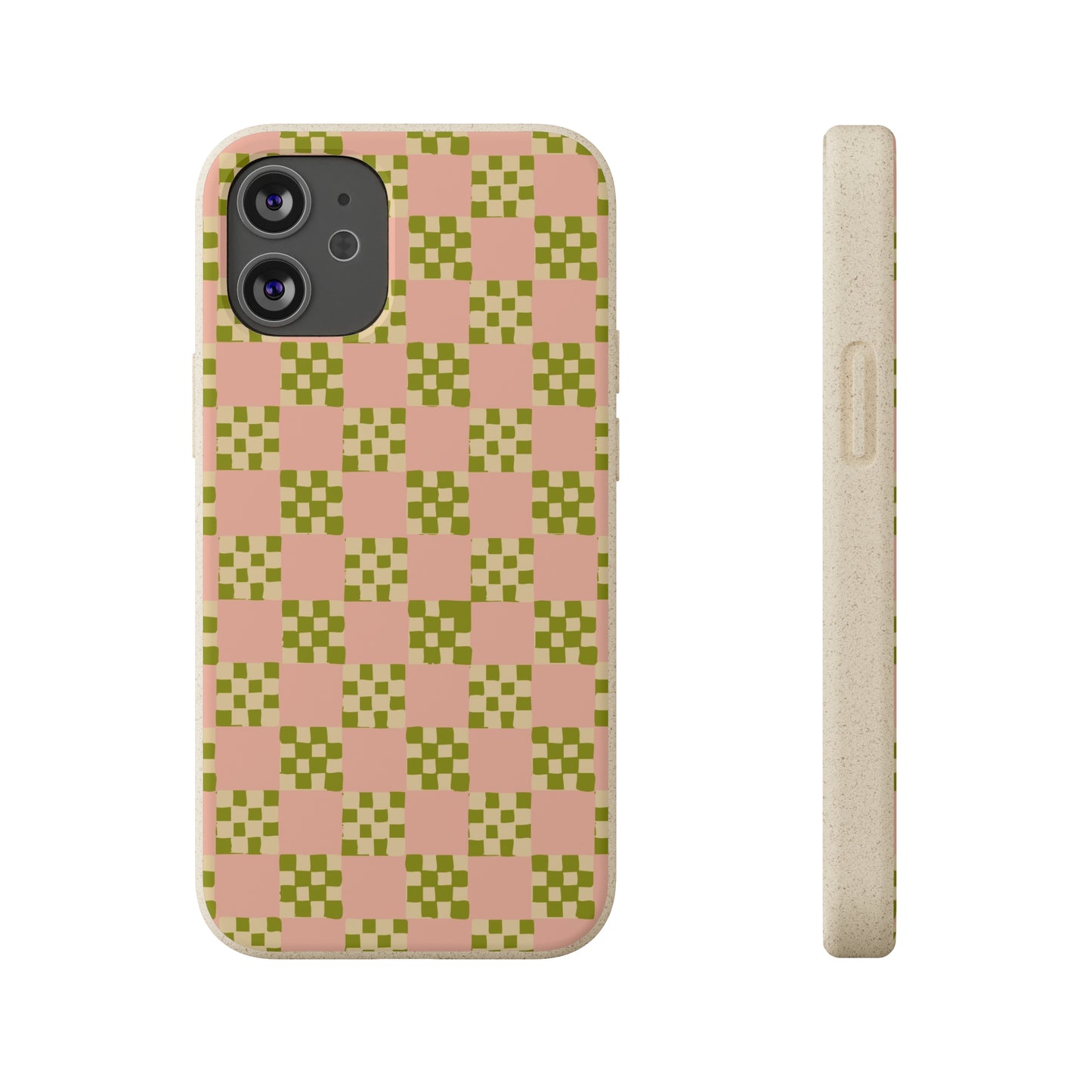 Checkered Quilt Biodegradable Phone Case, pink, olive green and light yellow