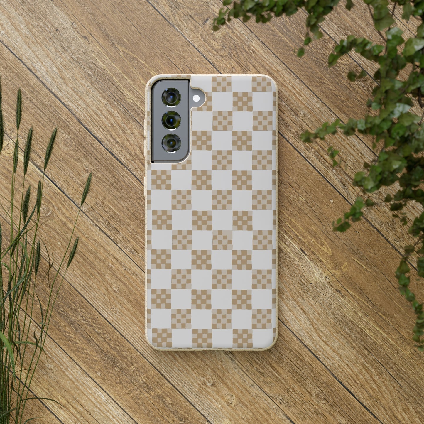 Checkered Quilt Biodegradable Phone Case, tan and white