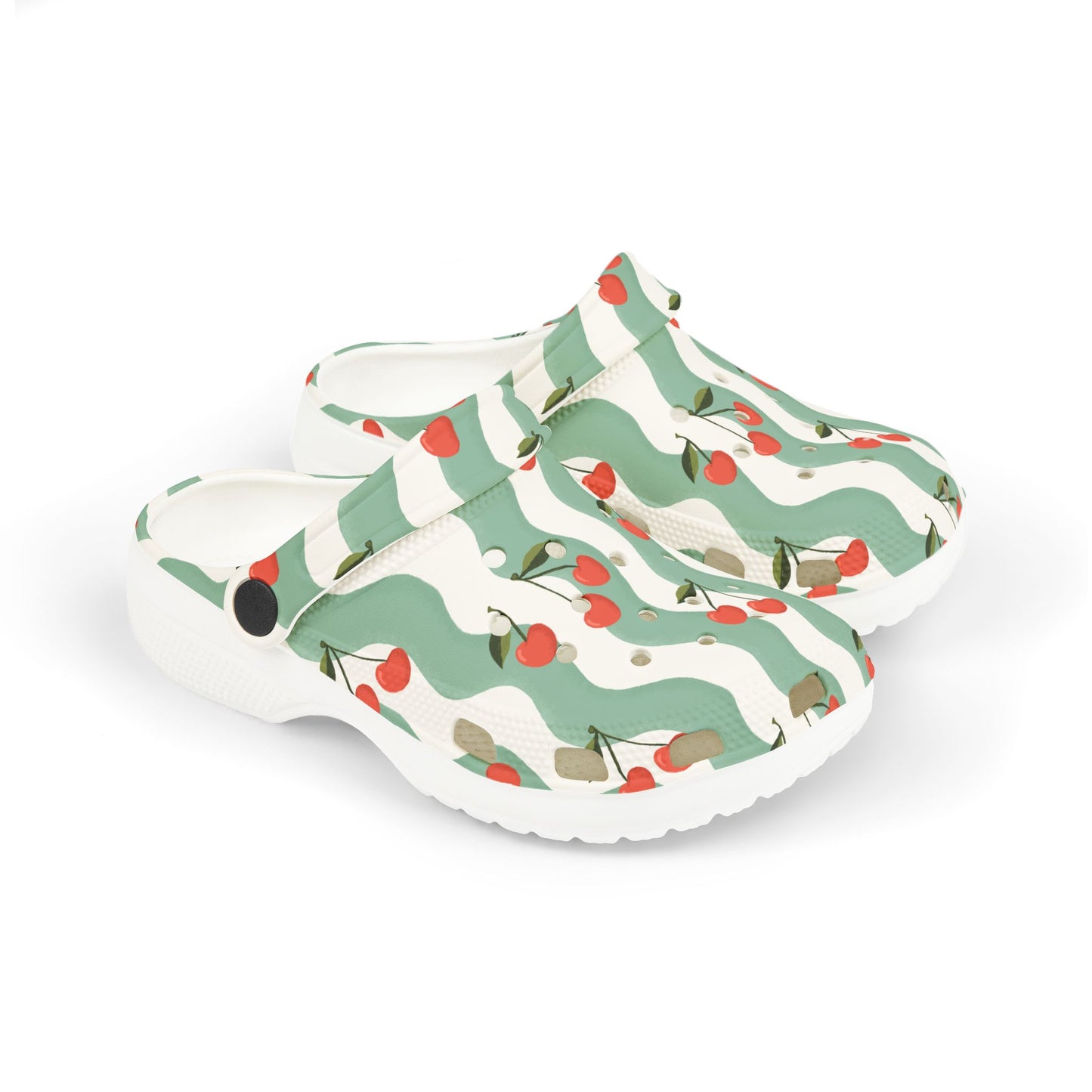 Wavy Cherry Kid's EVA Foam Clogs — White & Teal Patterned EVA Slip-Ons