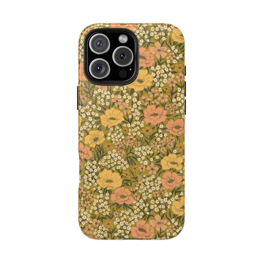 Wildflower Meadow Retro Vintage Floral Tough Phone Case Protection - Chartreuse, Personalizable