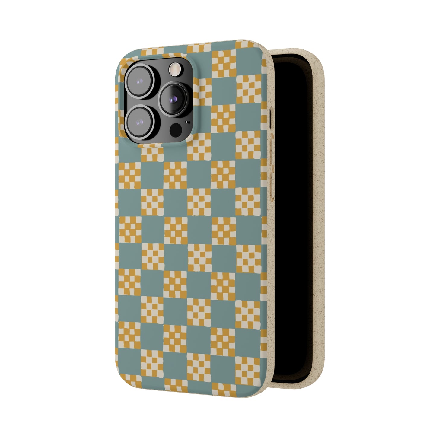 Checkered Quilt Biodegradable Phone Case, light blue and yellow