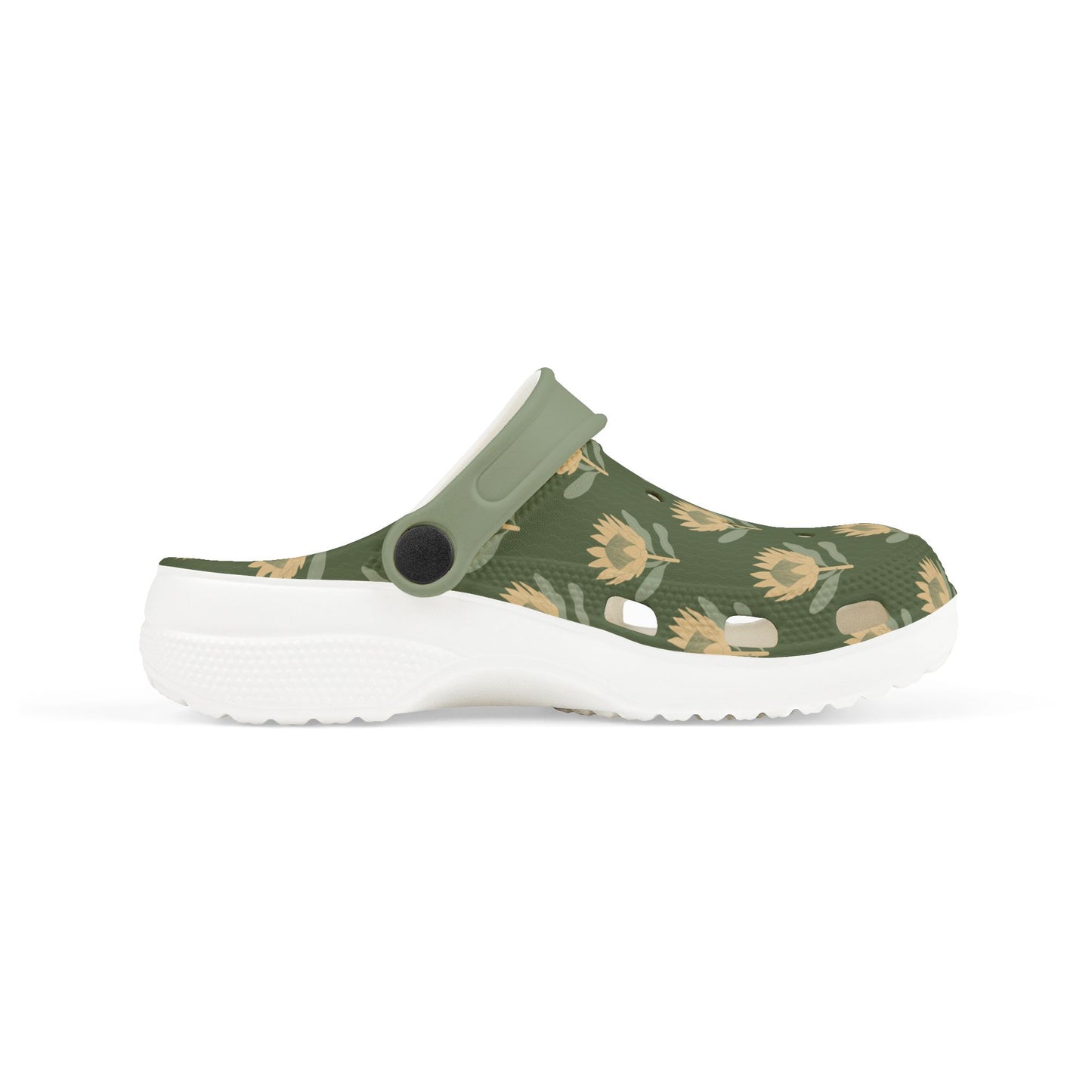 King Protea Floral Kid's EVA Foam Clogs — Forest Green and Butter Yellow All-Over Print Slip-on Shoes