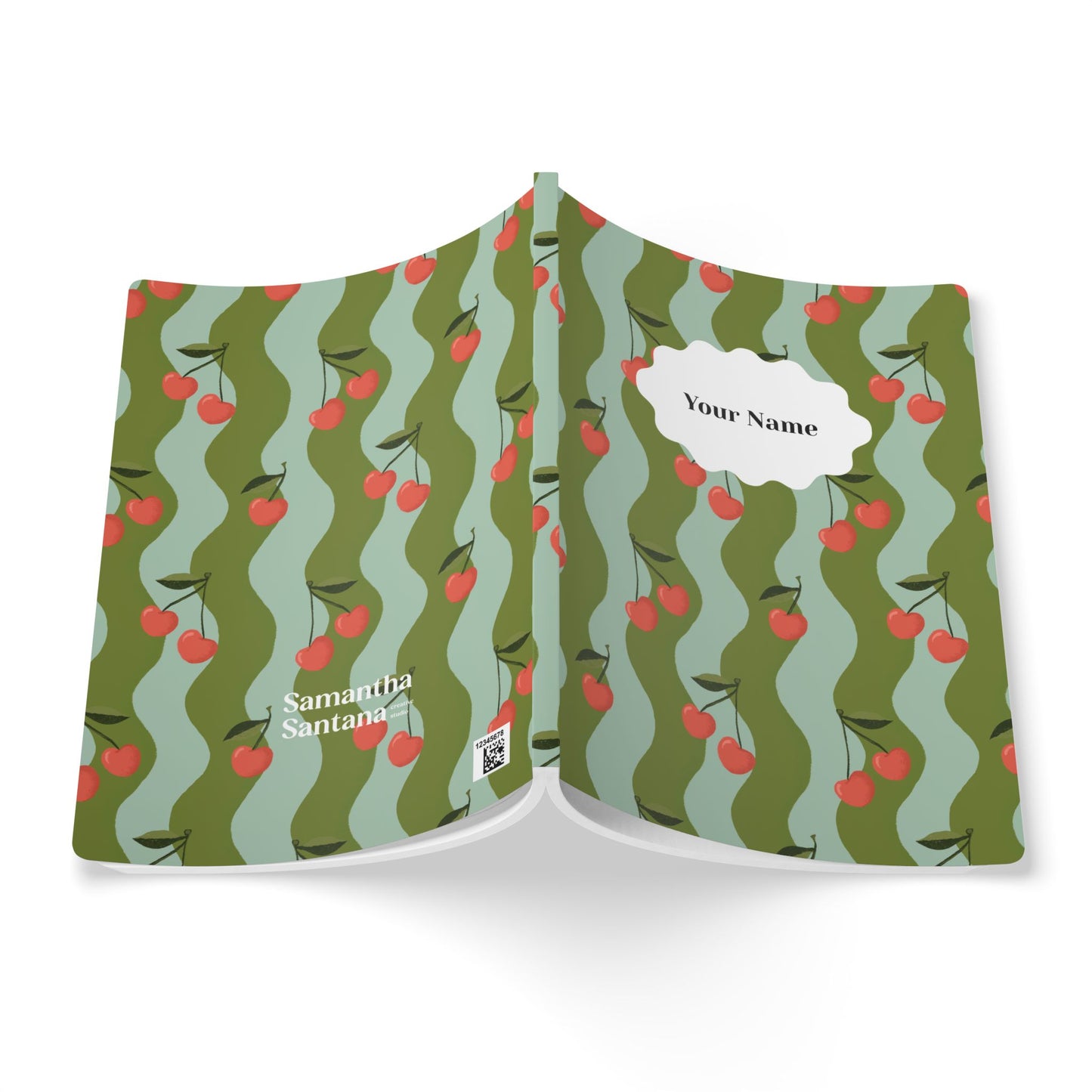 Wavy Cherry Softcover Personalized Journal, teal & olive green (add your name)