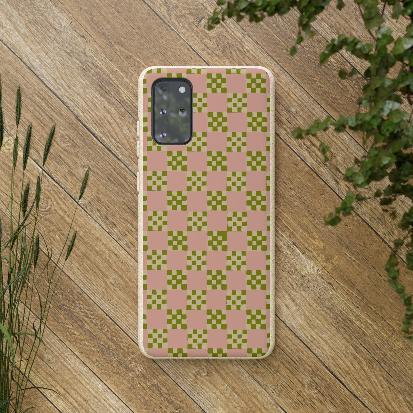 Checkered Quilt Biodegradable Phone Case, pink, olive green and light yellow