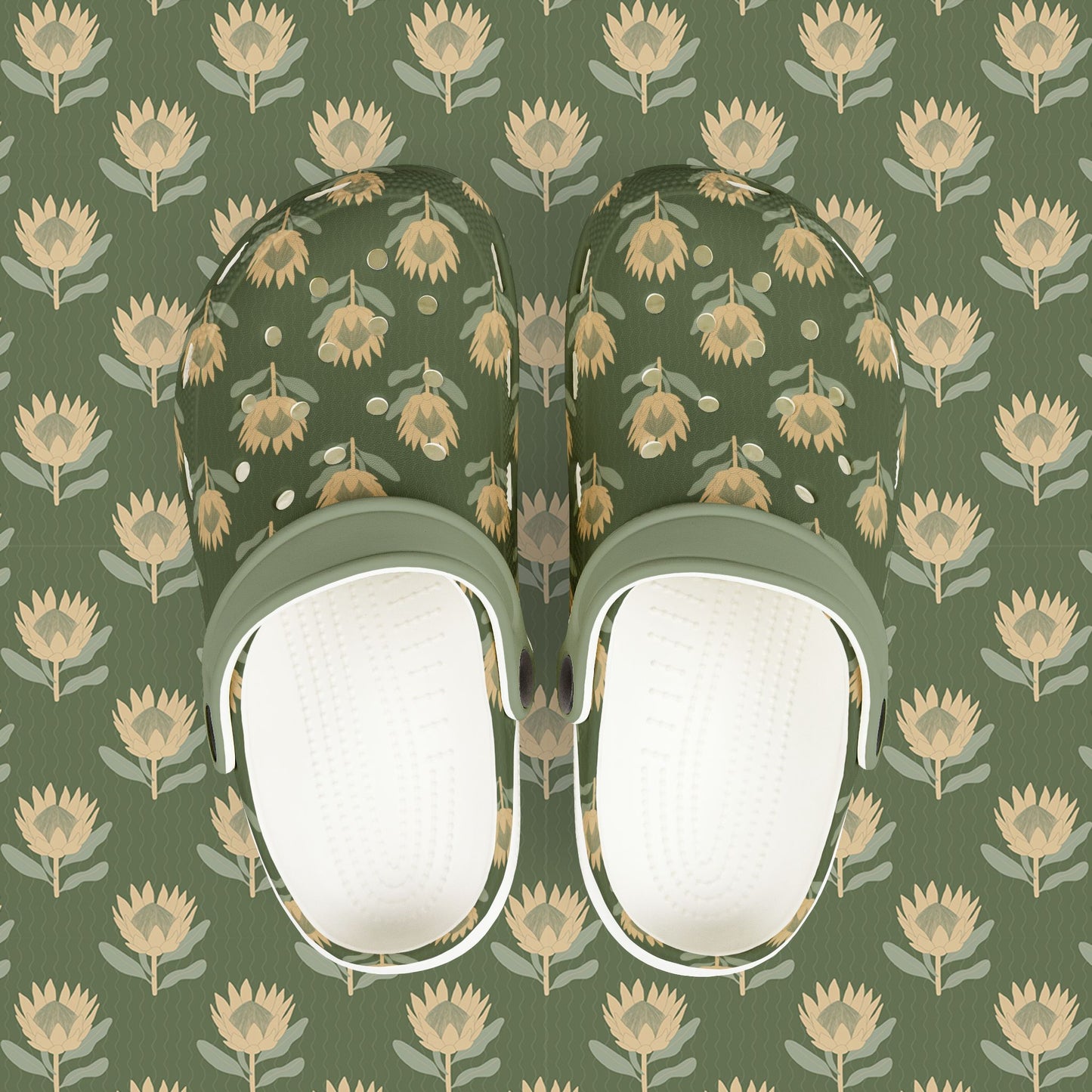 King Protea Floral Kid's EVA Foam Clogs — Forest Green and Butter Yellow All-Over Print Slip-on Shoes