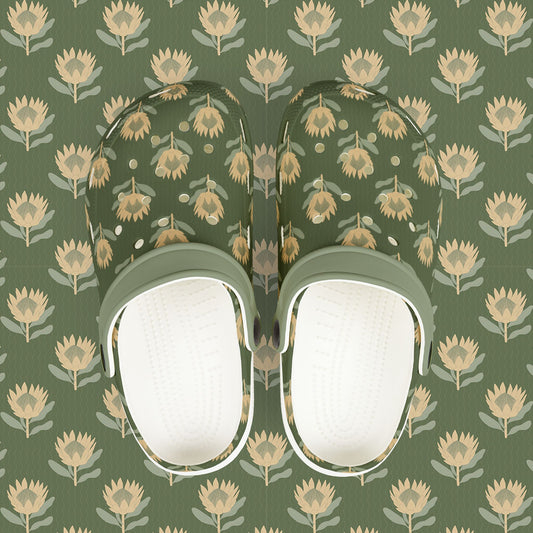 King Protea Floral Kid's EVA Foam Clogs — Forest Green and Butter Yellow All-Over Print Slip-on Shoes