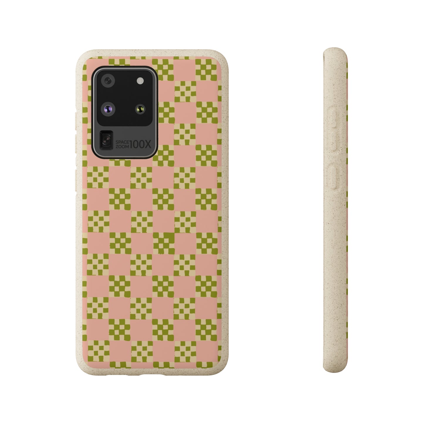 Checkered Quilt Biodegradable Phone Case, pink, olive green and light yellow