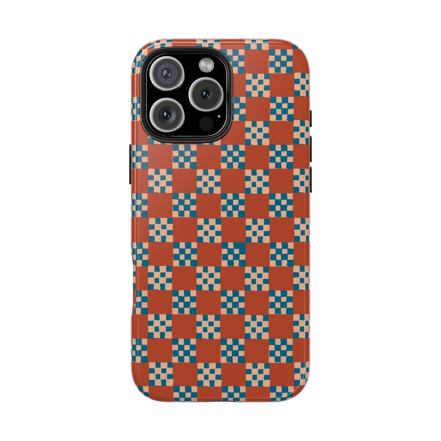Checker Quilt Tough Phone Case — Retro Rust and Blue Pattern, Protective iPhone Cover, Personalizable