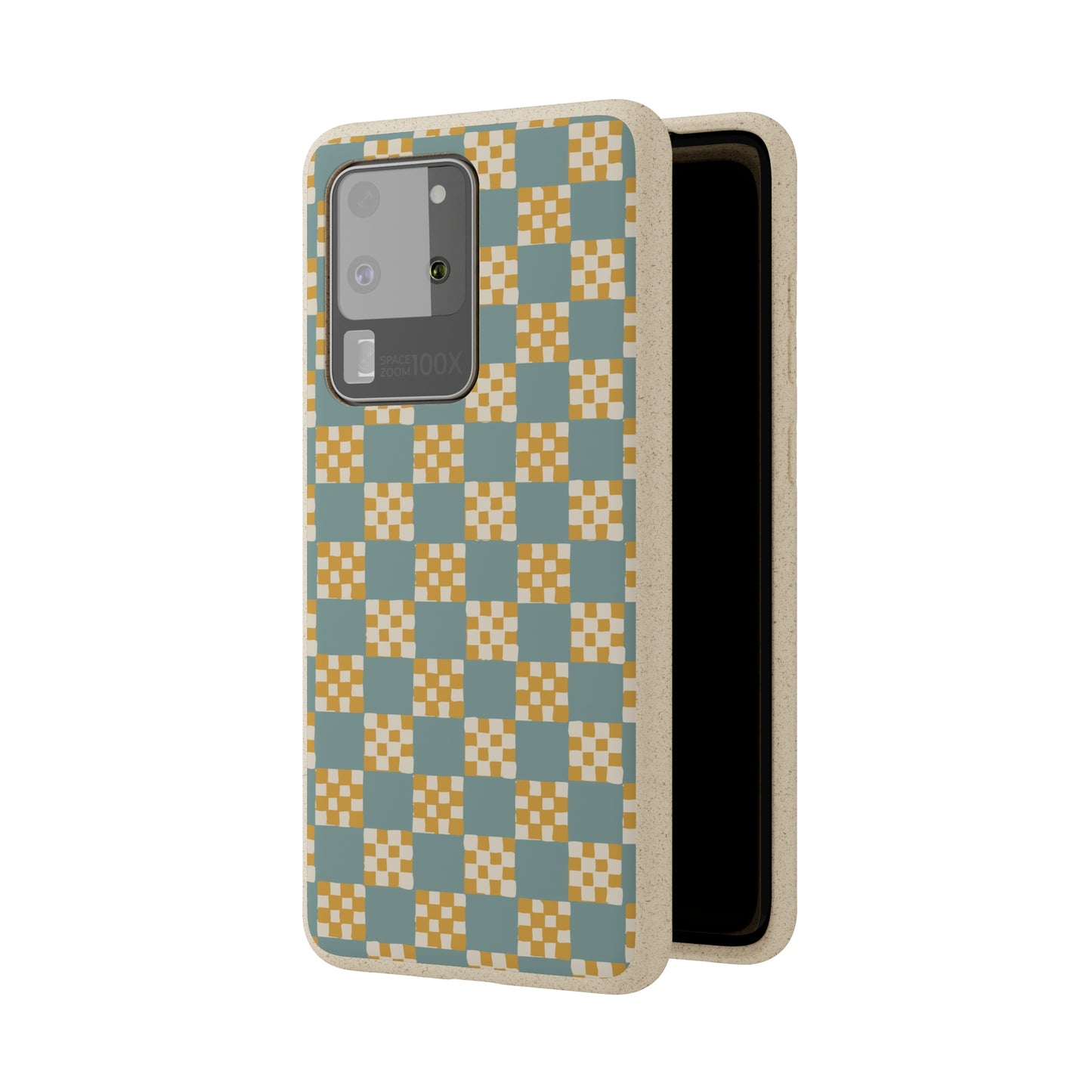 Checkered Quilt Biodegradable Phone Case, light blue and yellow