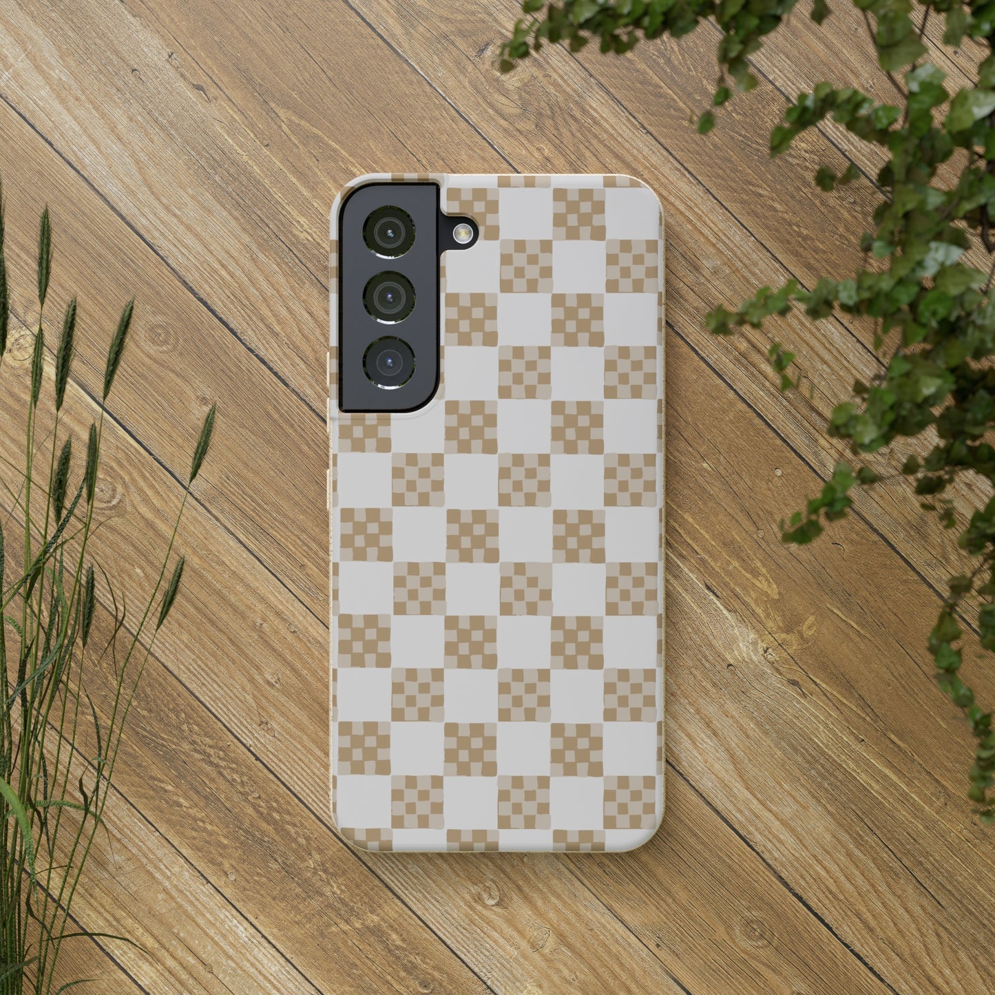 Checkered Quilt Biodegradable Phone Case, tan and white