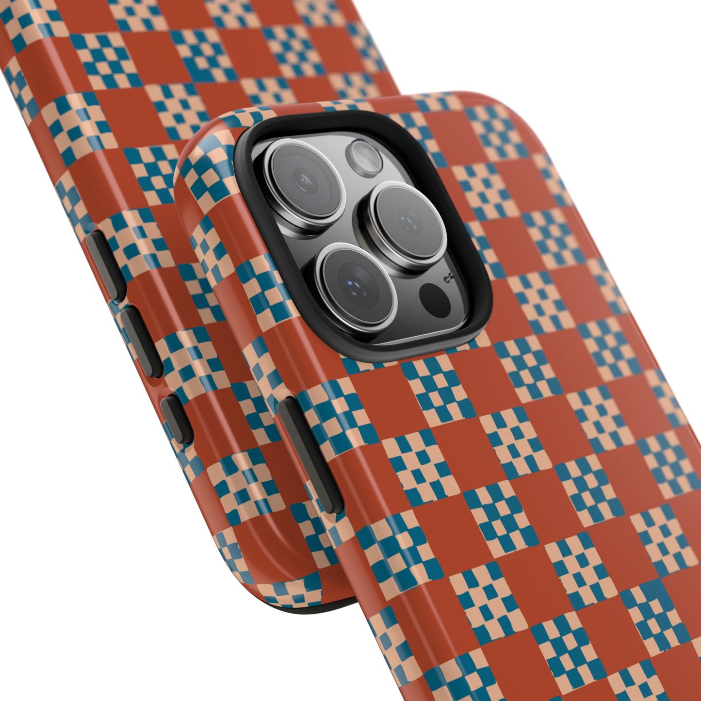 Checker Quilt Tough Phone Case — Retro Rust and Blue Pattern, Protective iPhone Cover, Personalizable