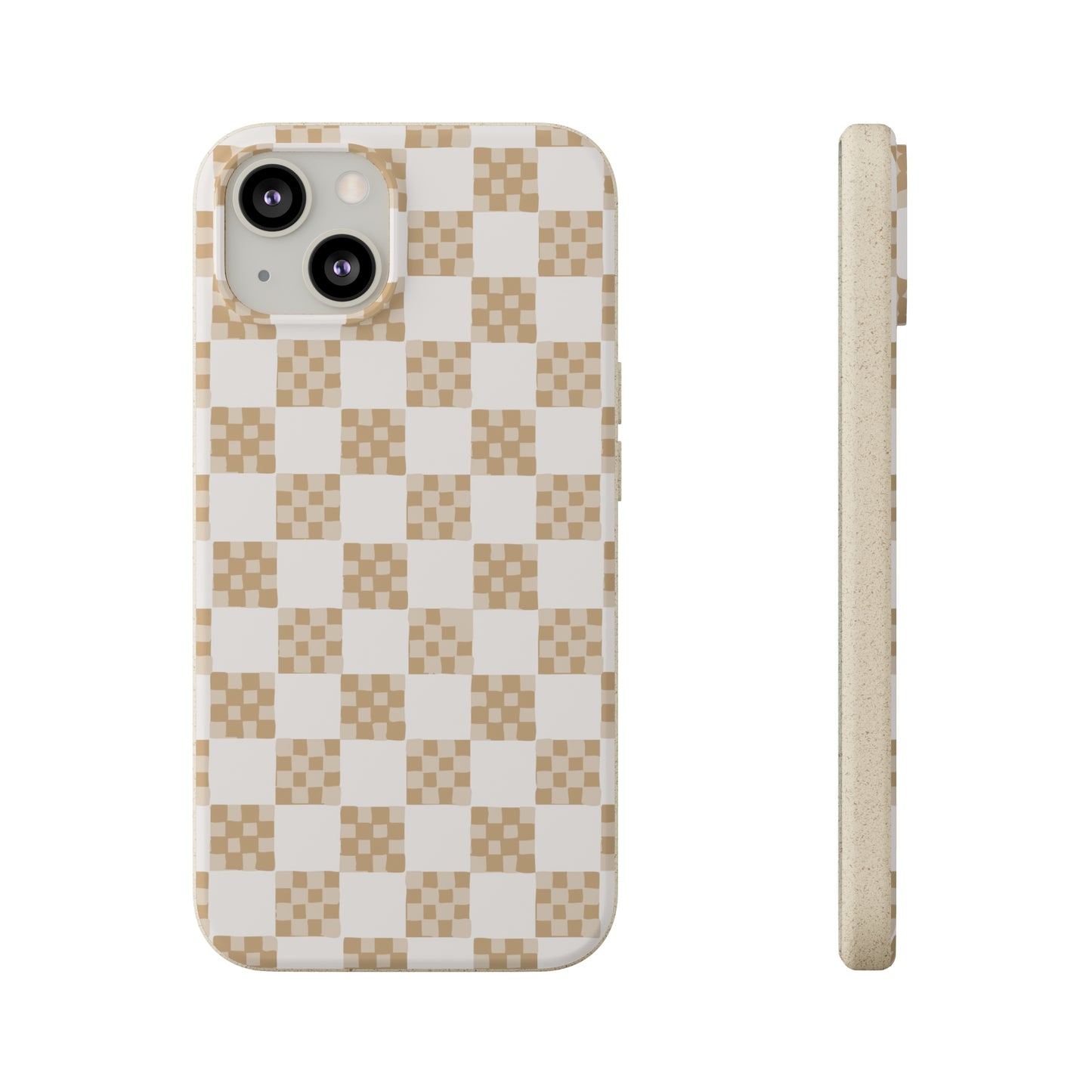 Checkered Quilt Biodegradable Phone Case, tan and white