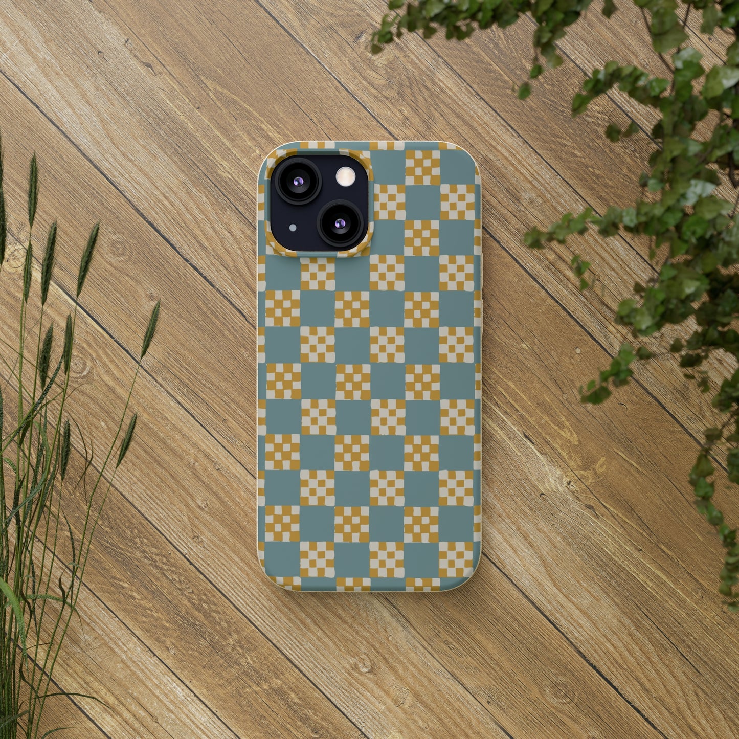 Checkered Quilt Biodegradable Phone Case, light blue and yellow