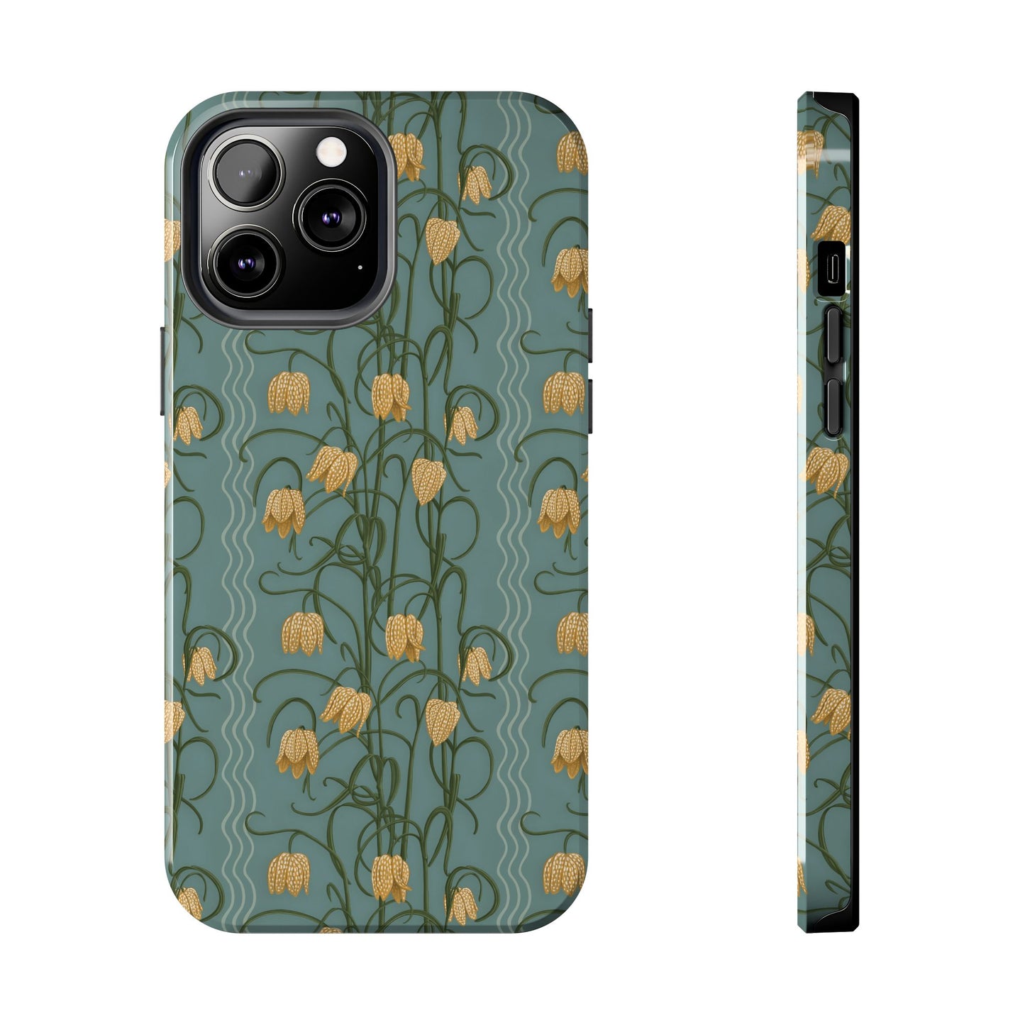 Campanas Floral Tough Phone Case — Dusty Blue and Marigold Wildflower Protective Cover, Personalizable