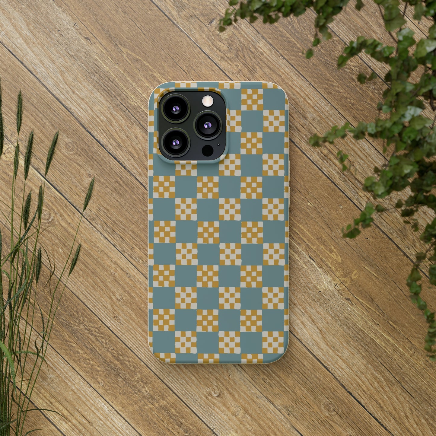 Checkered Quilt Biodegradable Phone Case, light blue and yellow