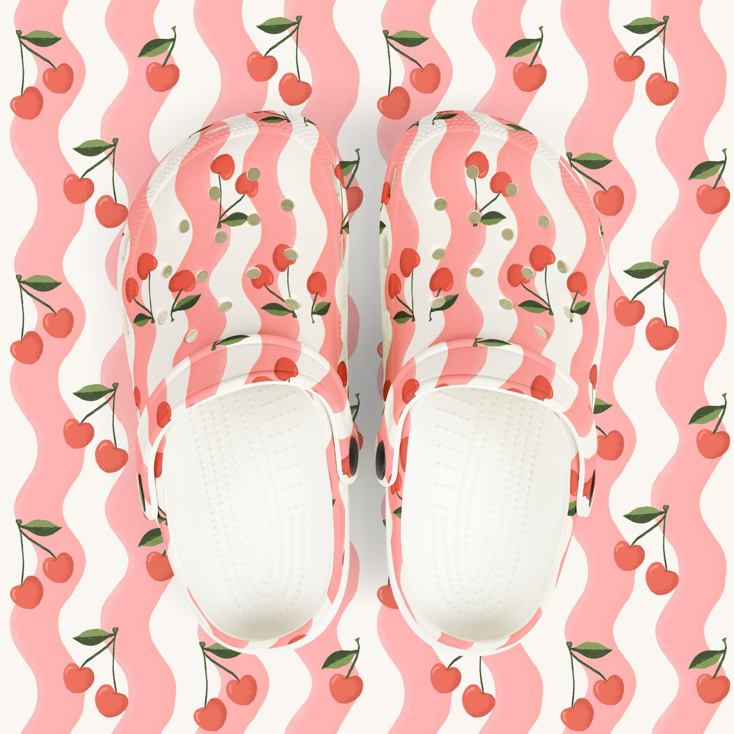 Wavy Cherry Kid's EVA Foam Clogs — White & Pink Patterned Slip-Ons
