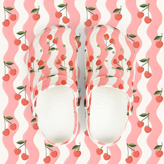 Wavy Cherry Kid's EVA Foam Clogs — White & Pink Patterned Slip-Ons