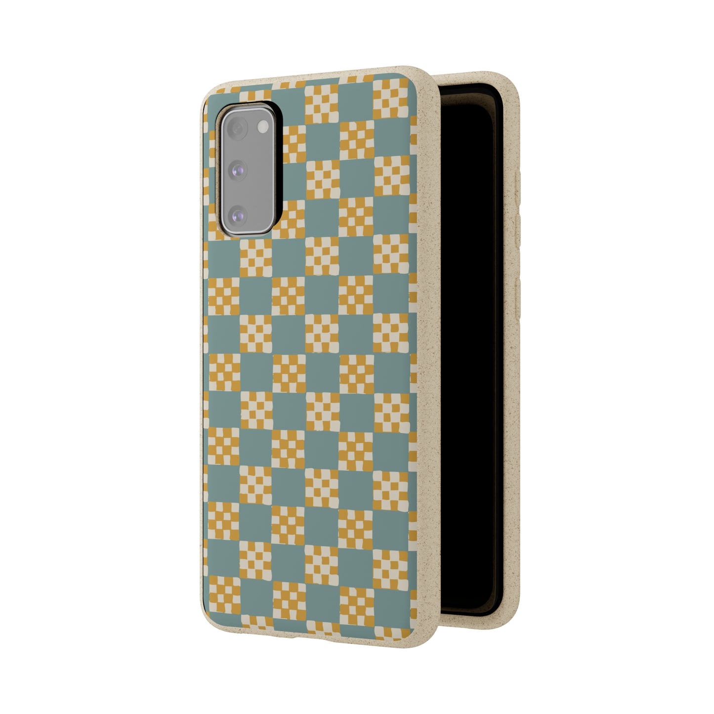 Checkered Quilt Biodegradable Phone Case, light blue and yellow