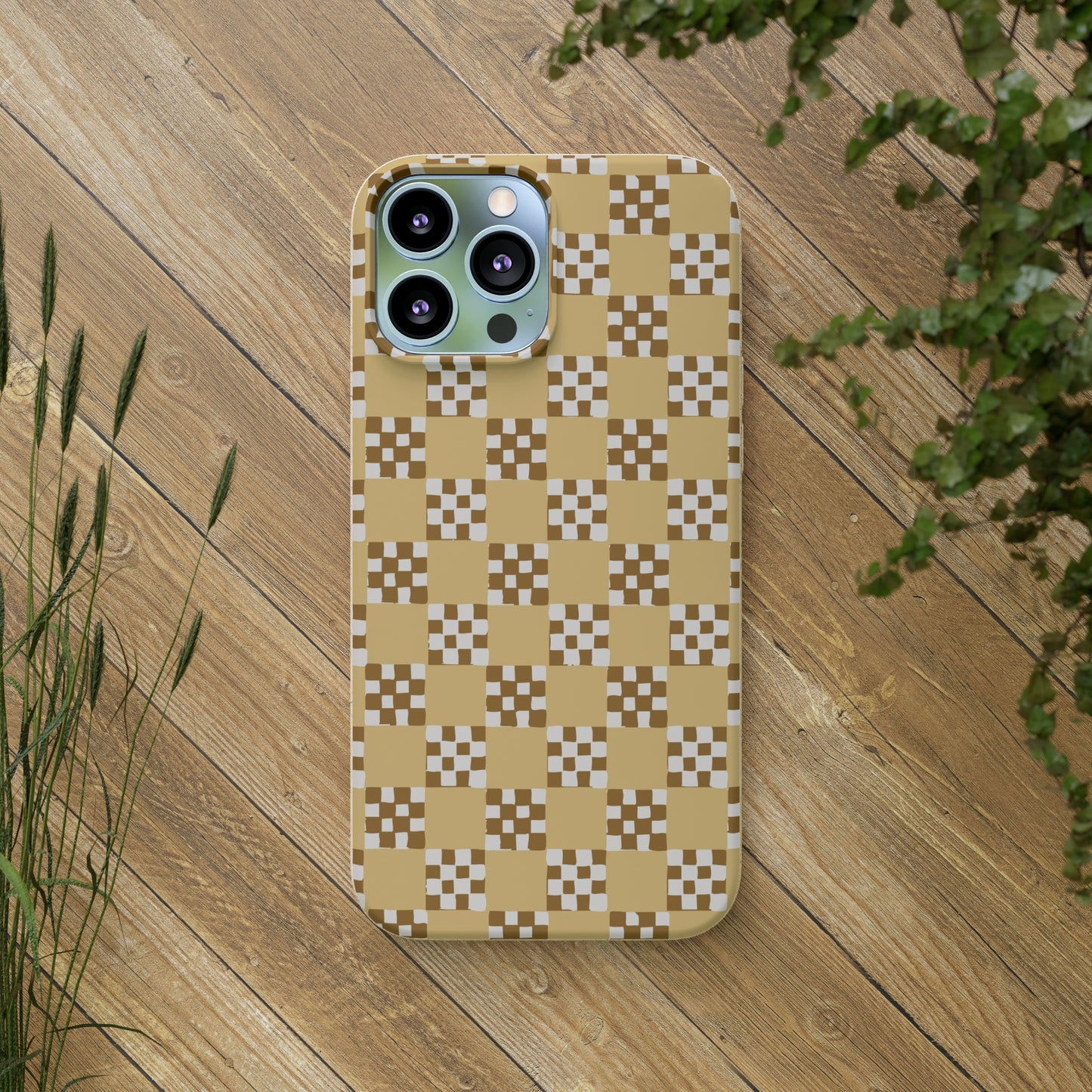 Checkered Quilt Biodegradable Phone Case, butter yellow, white and toffee