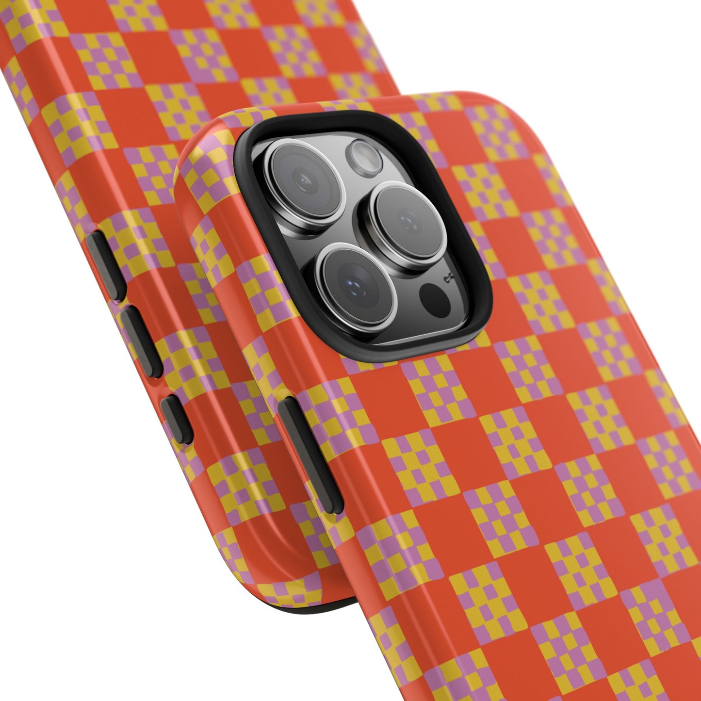 Checker Quilt Tough Phone Case — Retro Red Orange and Purple Pattern, Protective iPhone Cover, Personalizable