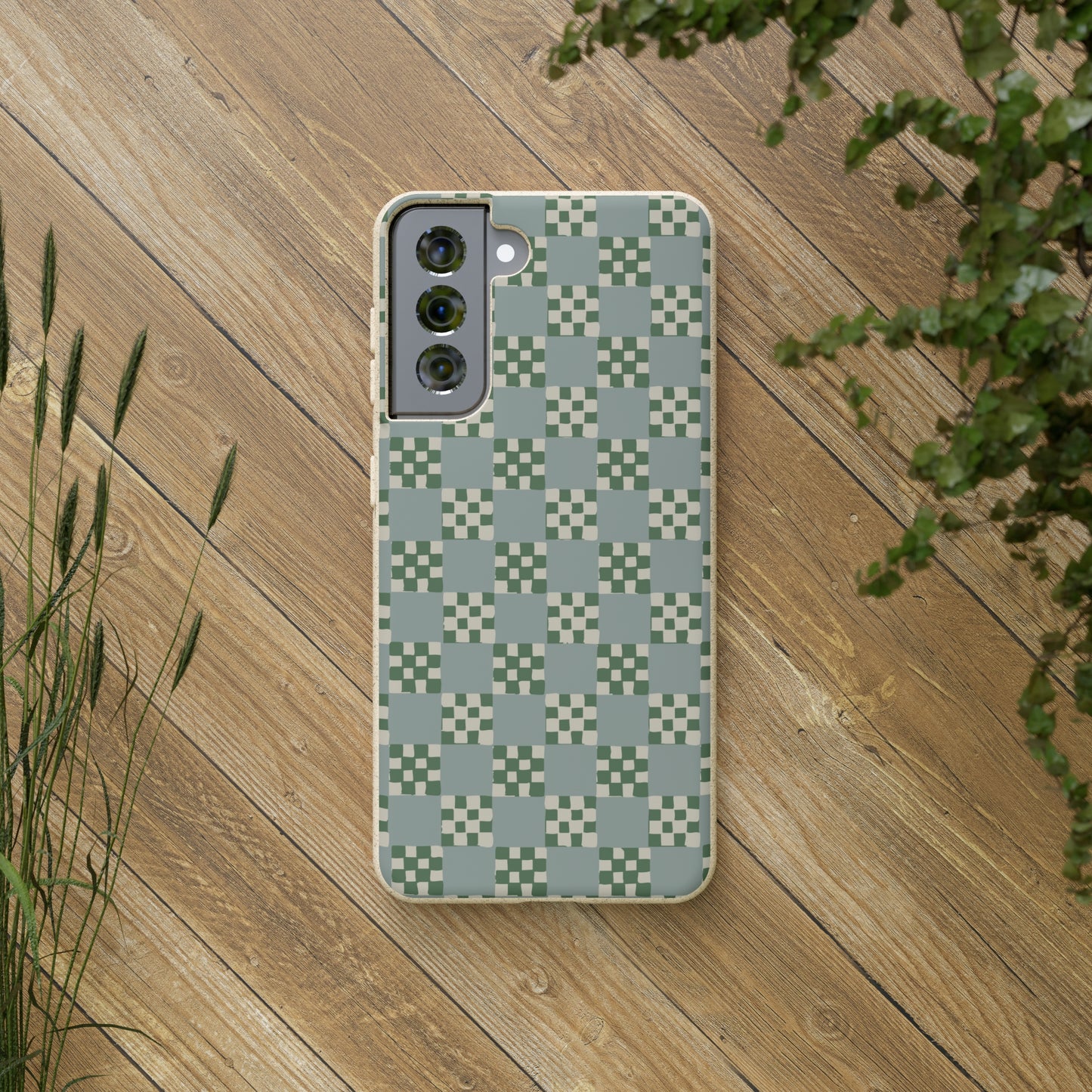 Checkered Quilt Biodegradable Phone Case, mint and green