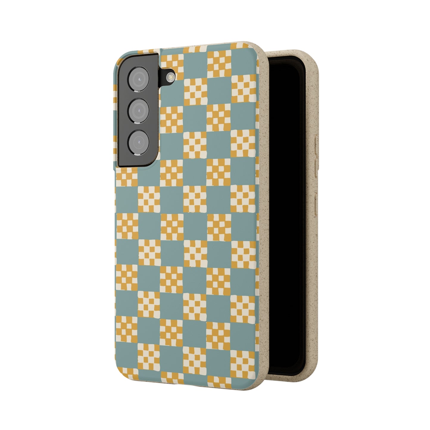 Checkered Quilt Biodegradable Phone Case, light blue and yellow