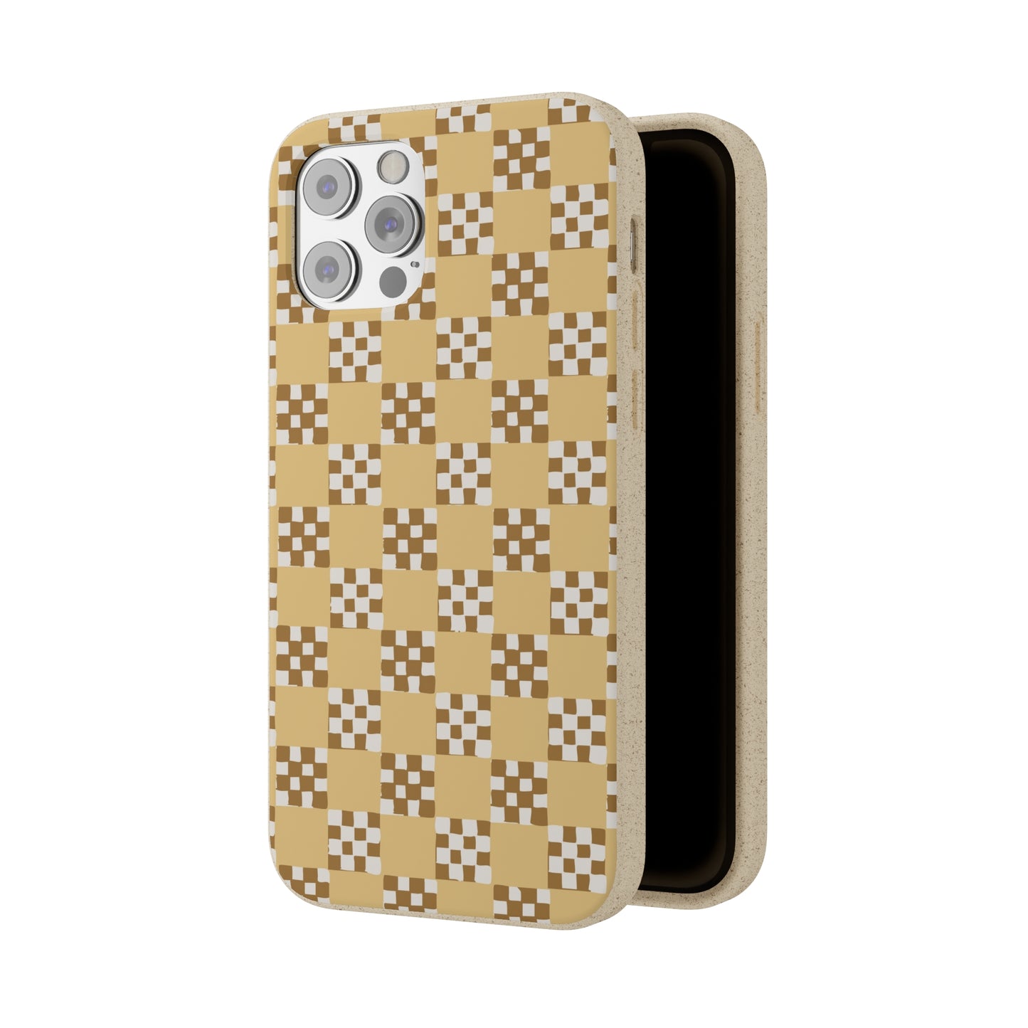 Checkered Quilt Biodegradable Phone Case, butter yellow, white and toffee