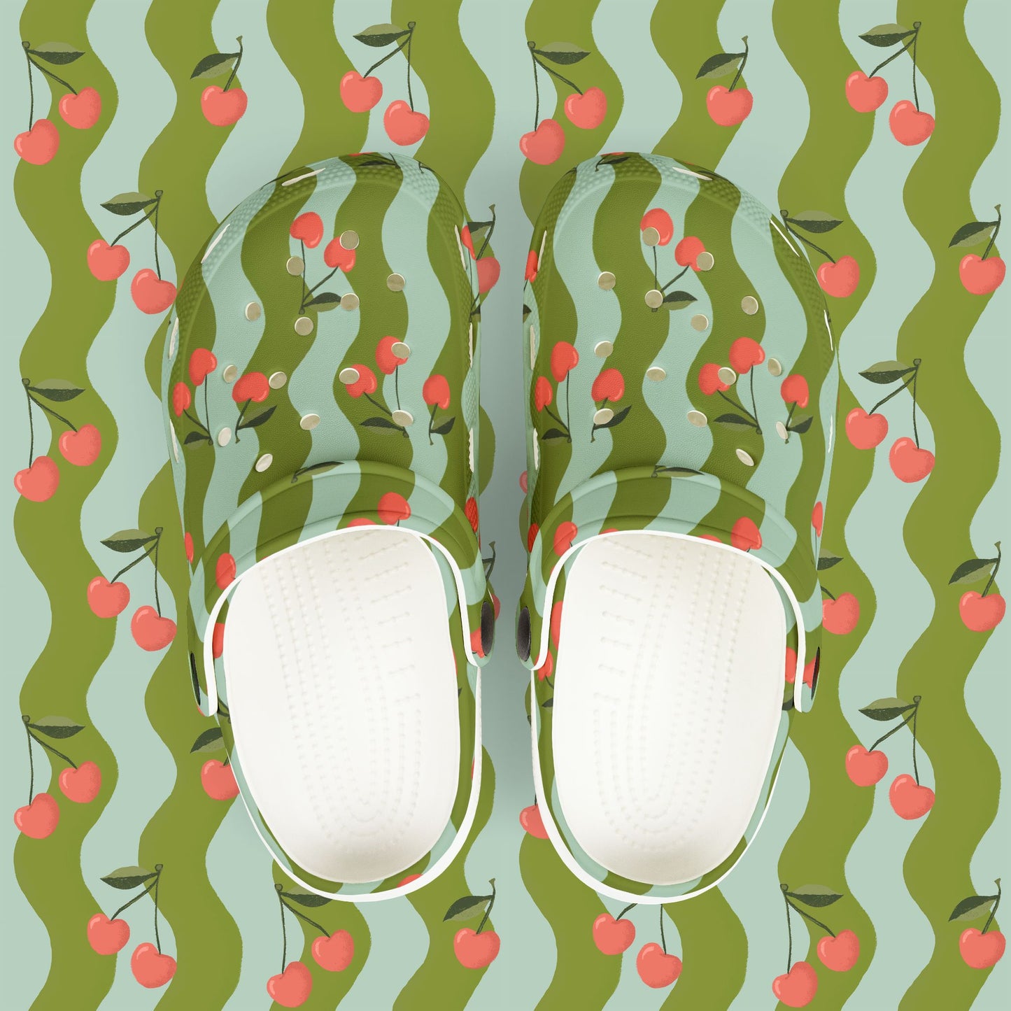 Wavy Cherry Kid's EVA Foam Clogs — Teal & Green Patterned Slip-Ons